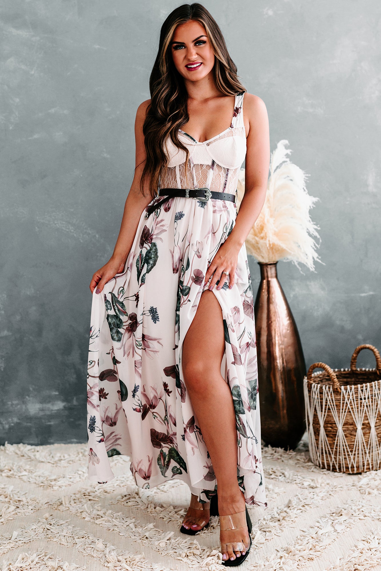 Romantic Reasons Lace Bustier Floral Maxi Dress (Mauve)-The Formal Wear