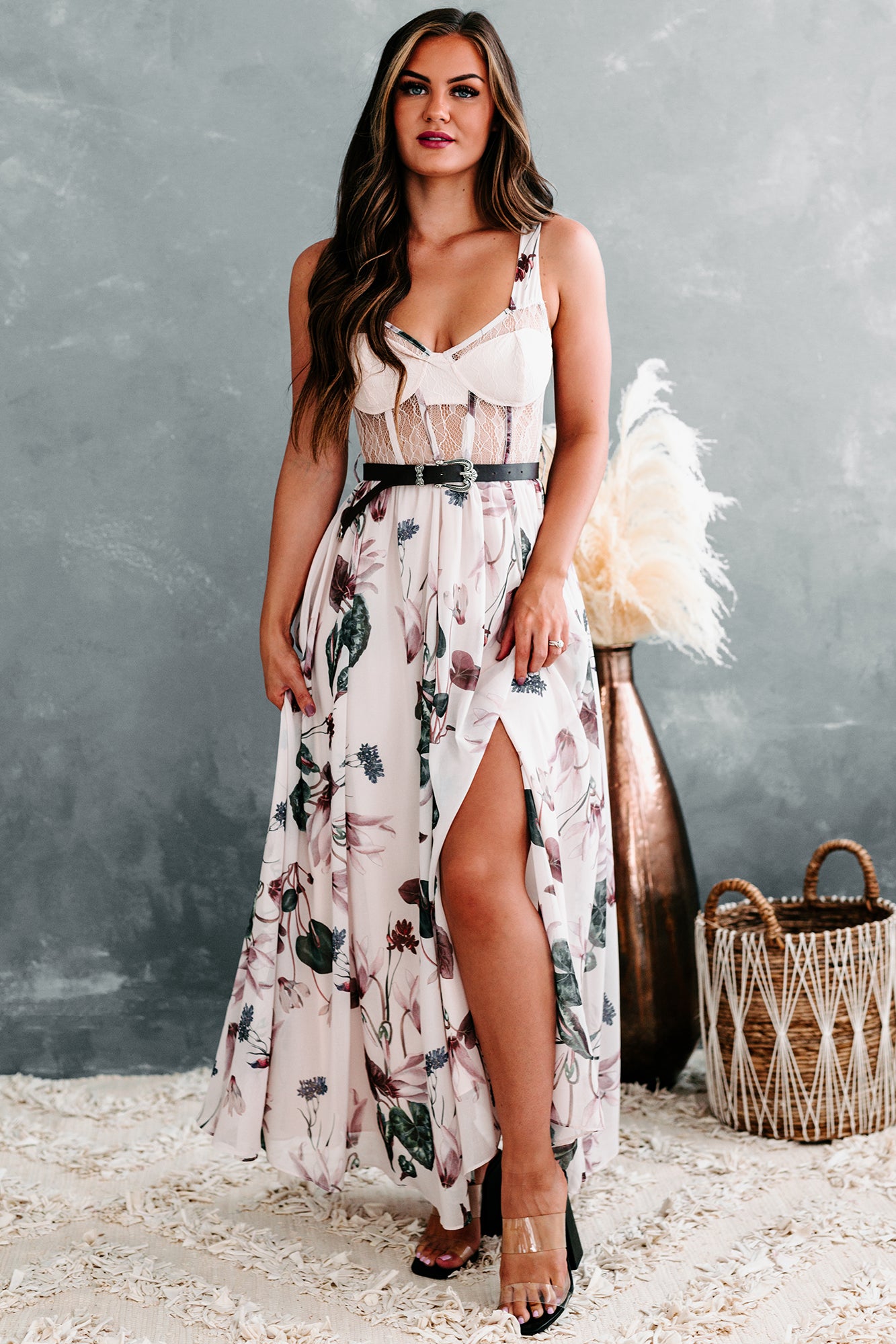 Romantic Reasons Lace Bustier Floral Maxi Dress (Mauve)-The Formal Wear