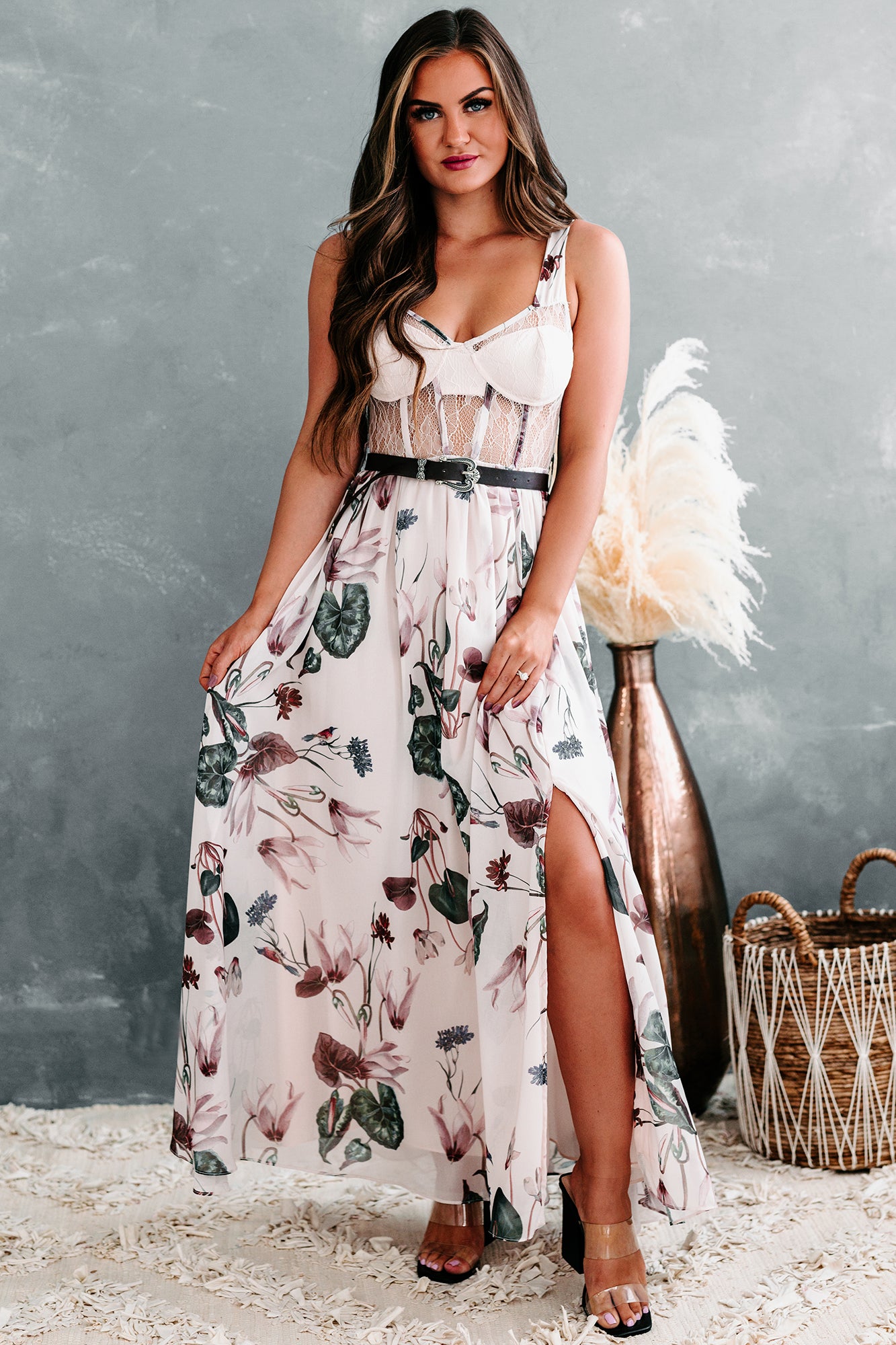 Romantic Reasons Lace Bustier Floral Maxi Dress (Mauve)-The Formal Wear