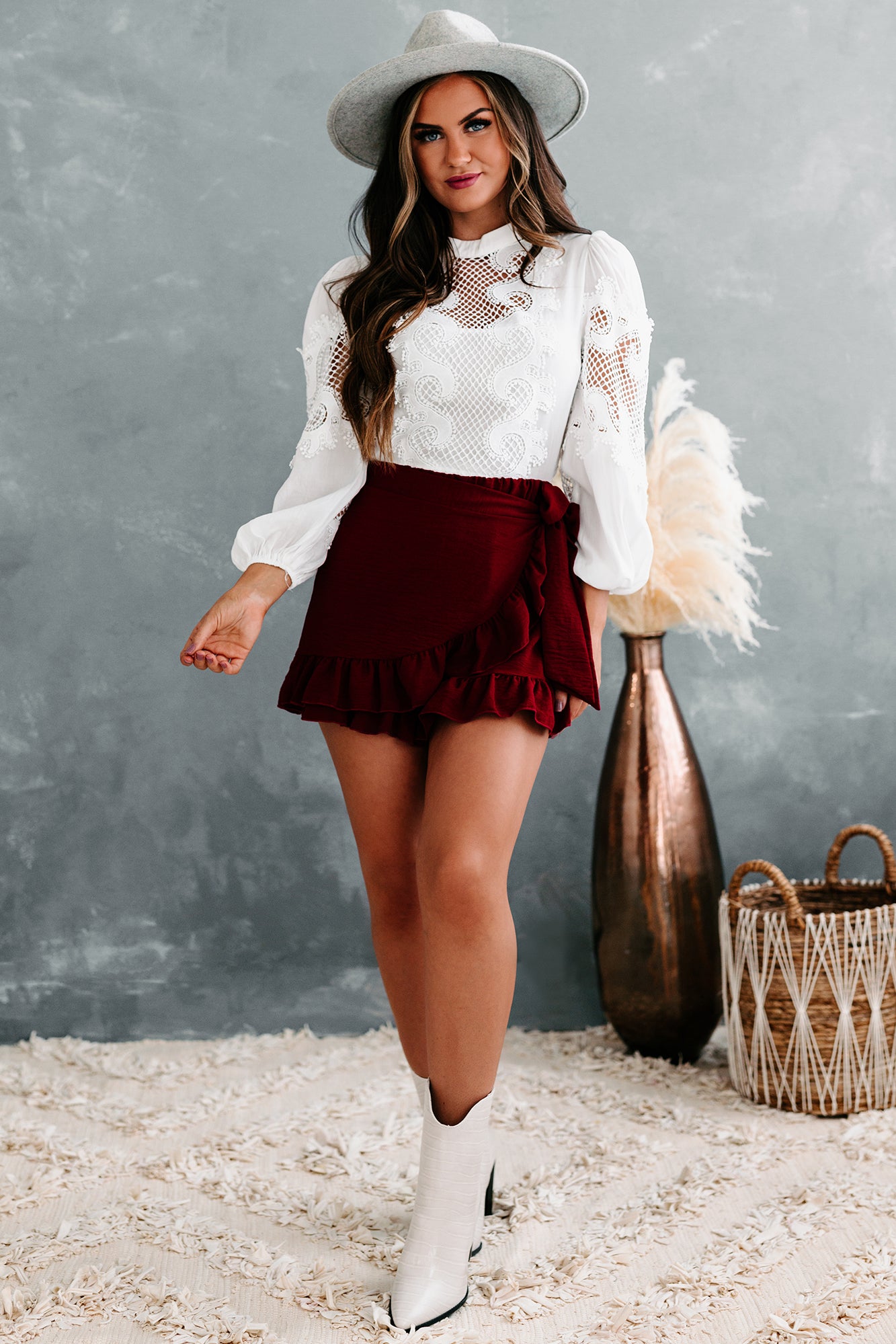 Natalia Open Crochet Long Sleeve Top (Off White)-The Formal Wear