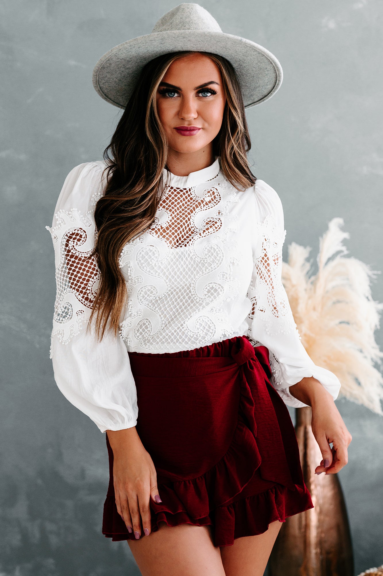 Natalia Open Crochet Long Sleeve Top (Off White)-The Formal Wear