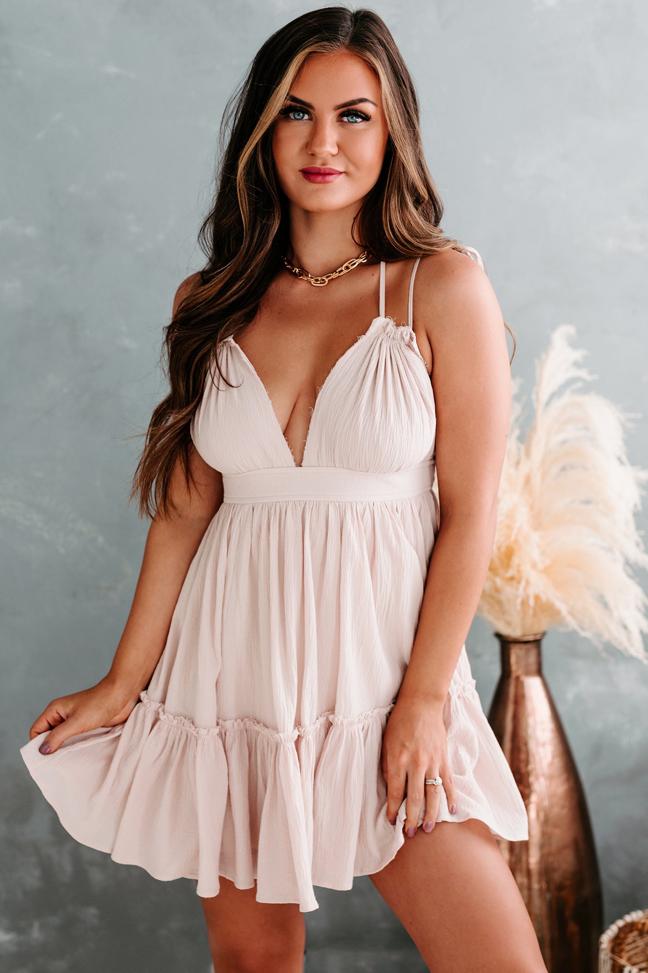 Bouquet Beauty Halter Open Tie Back Dress (Blush)-The Formal Wear