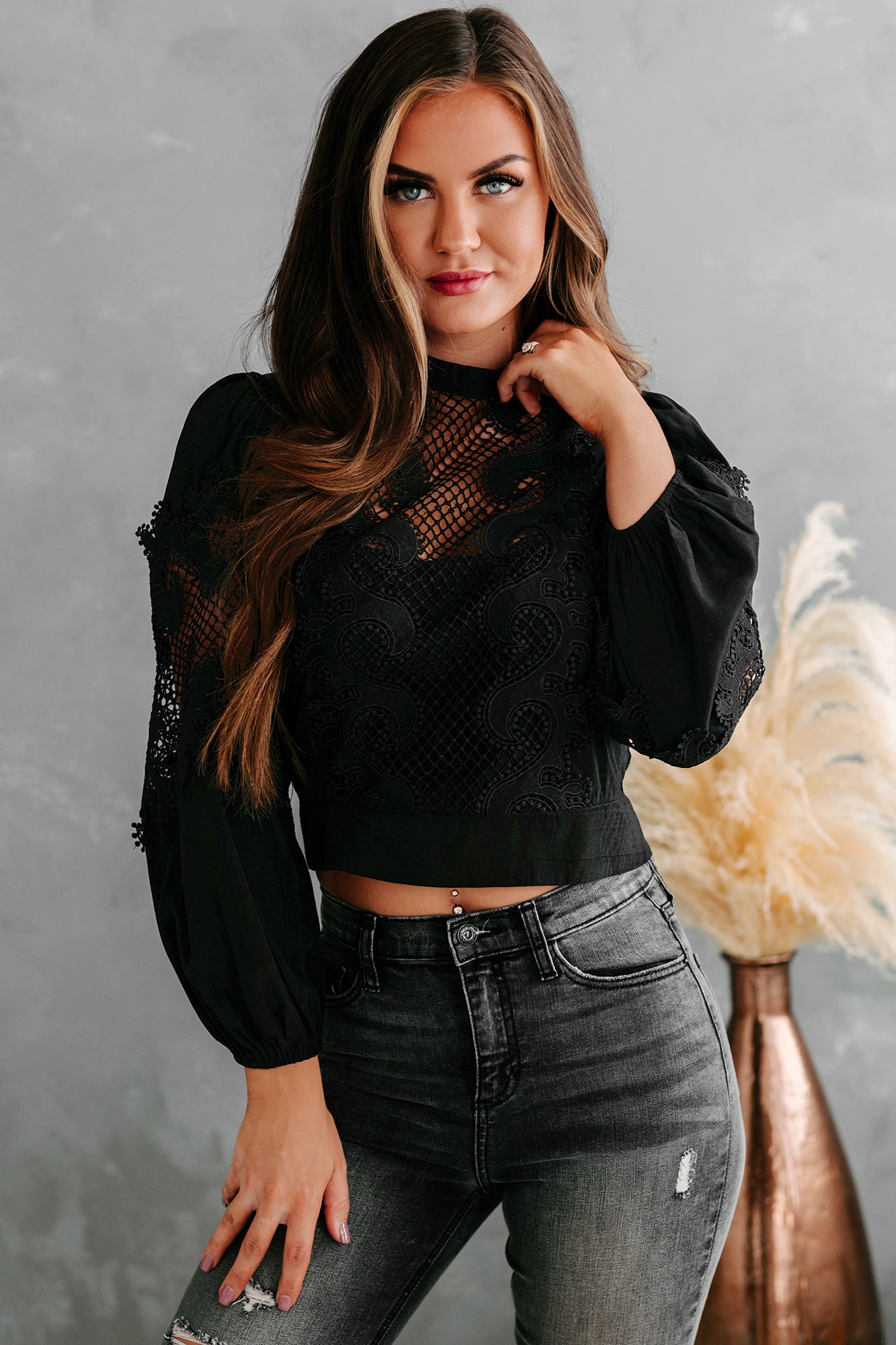 Natalia Open Crochet Long Sleeve Top (Black)-The Formal Wear