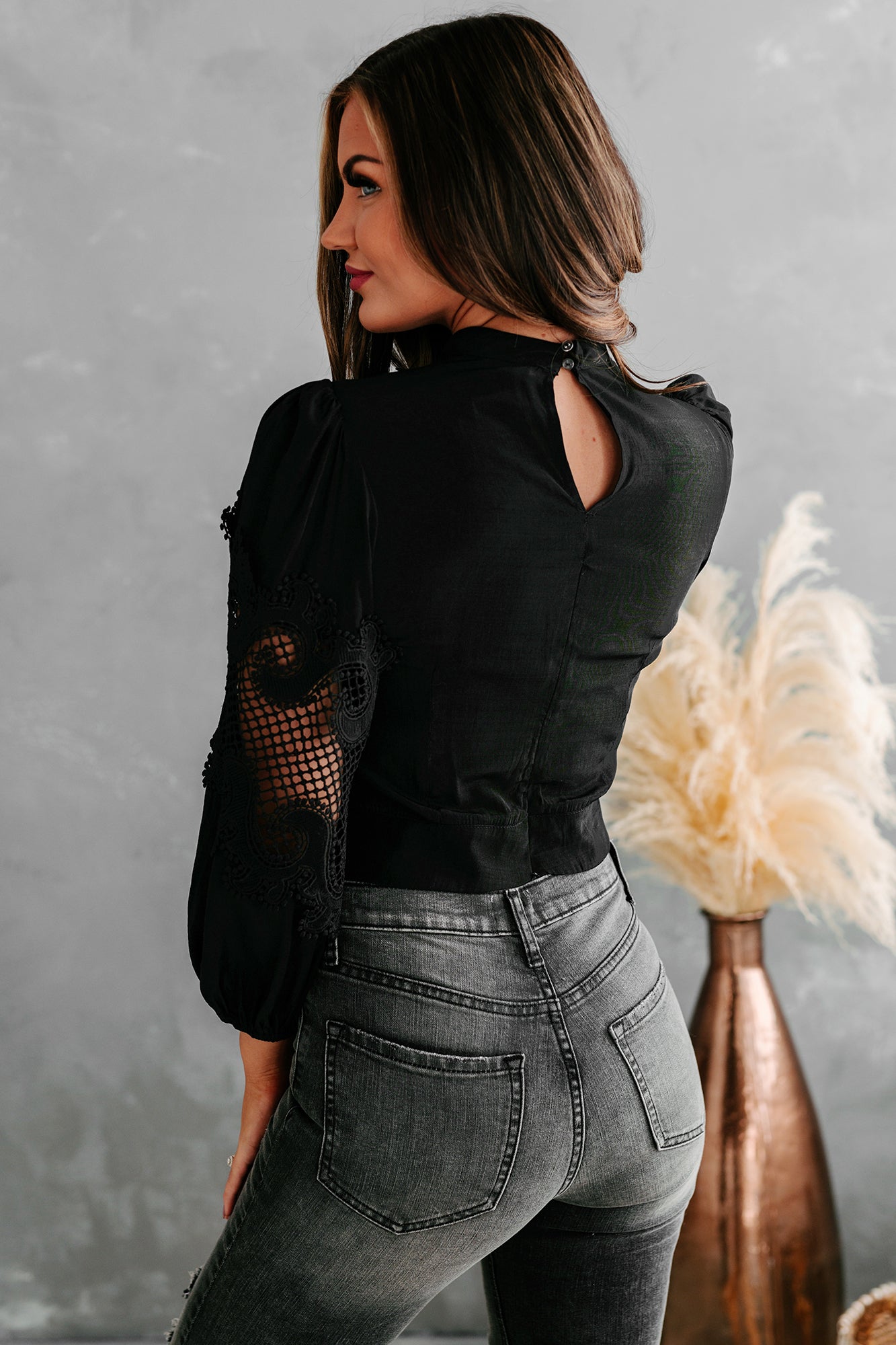 Natalia Open Crochet Long Sleeve Top (Black)-The Formal Wear