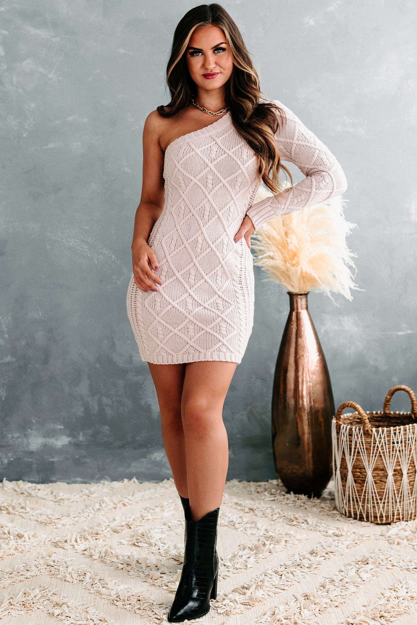 Rochelle Cable Knit One Sleeve Dress (Pink)-The Formal Wear