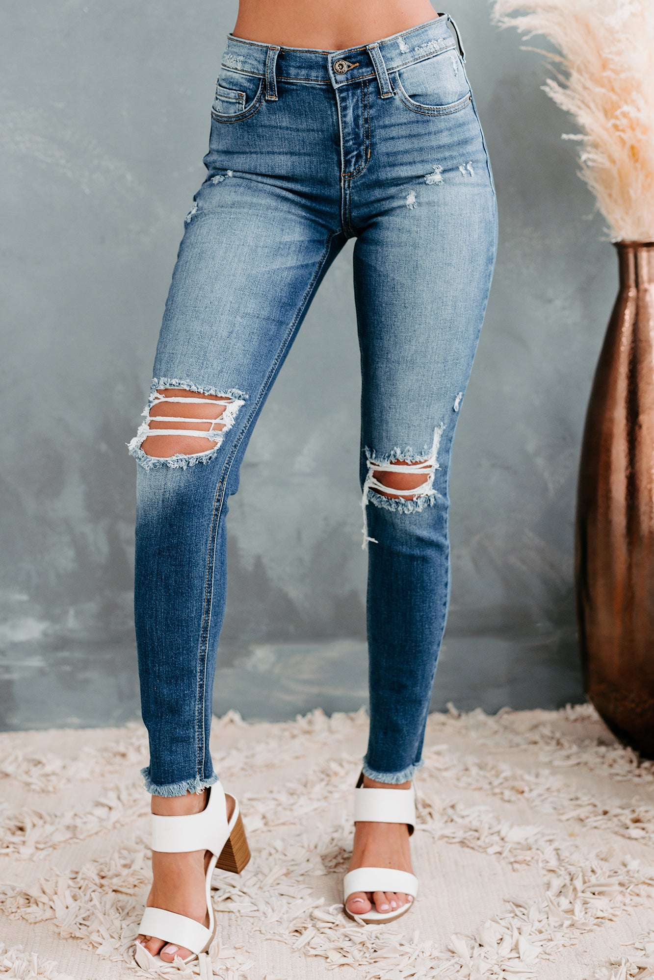 No Exclusions Sneak Peek Mid-Rise Distressed Skinny Jeans (Medium Light)-The Formal Wear