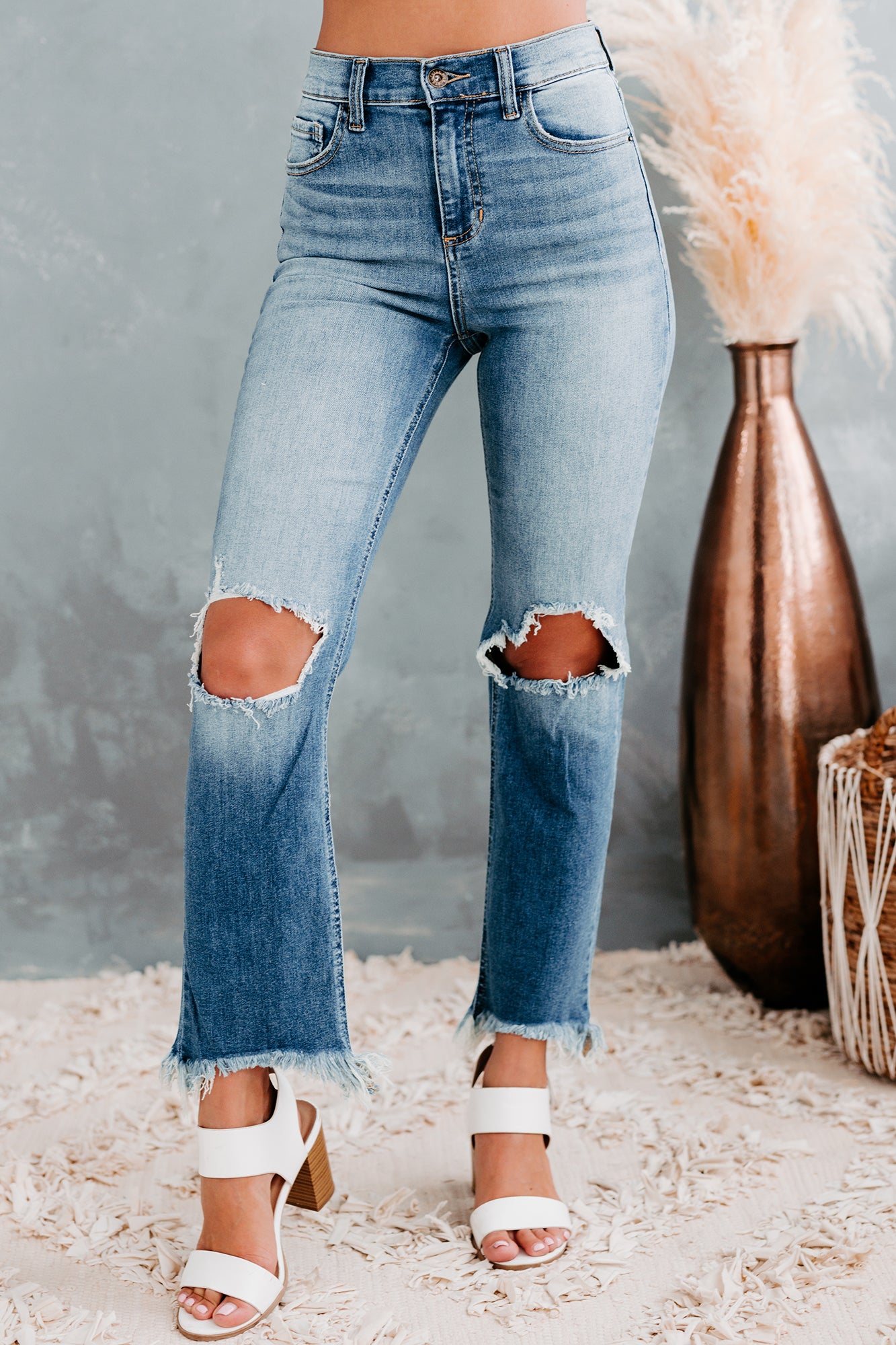 Cyrilla Sneak Peek High Rise Distressed Straight Leg Jeans (Medium Light)-The Formal Wear