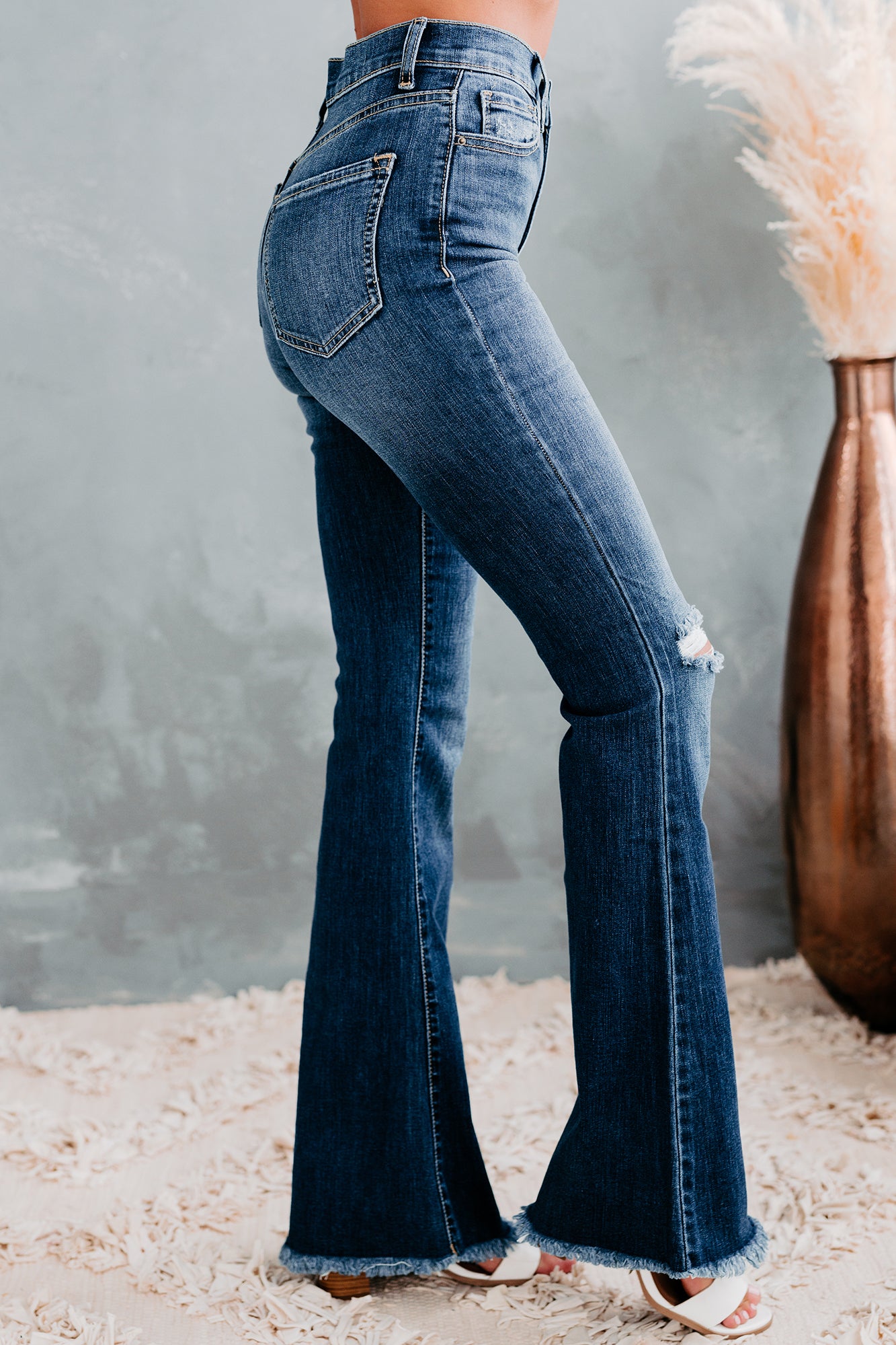 Solo Performance Sneak Peek High Rise Frayed Hem Flare Jeans (Medium Dark)-The Formal Wear