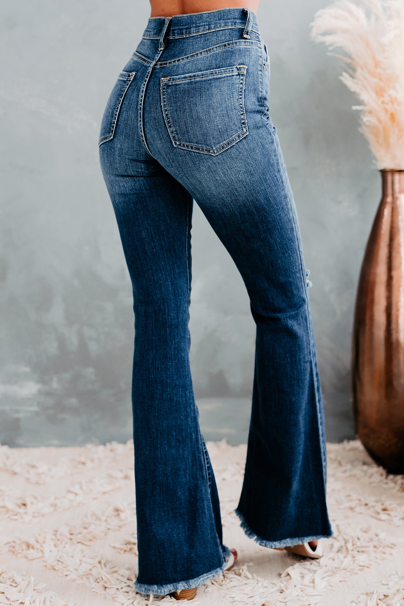 Solo Performance Sneak Peek High Rise Frayed Hem Flare Jeans (Medium Dark)-The Formal Wear