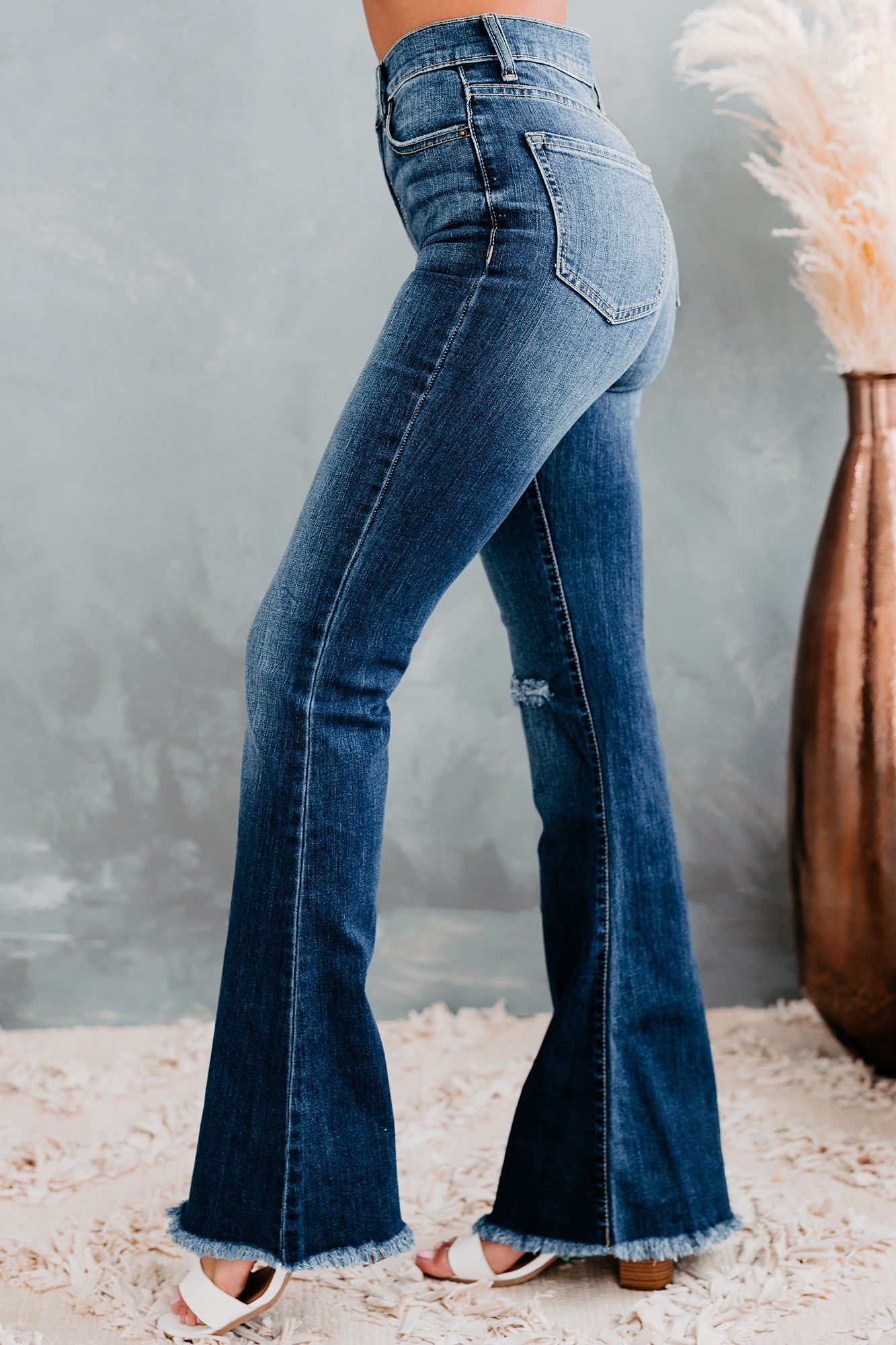 Solo Performance Sneak Peek High Rise Frayed Hem Flare Jeans (Medium Dark)-The Formal Wear