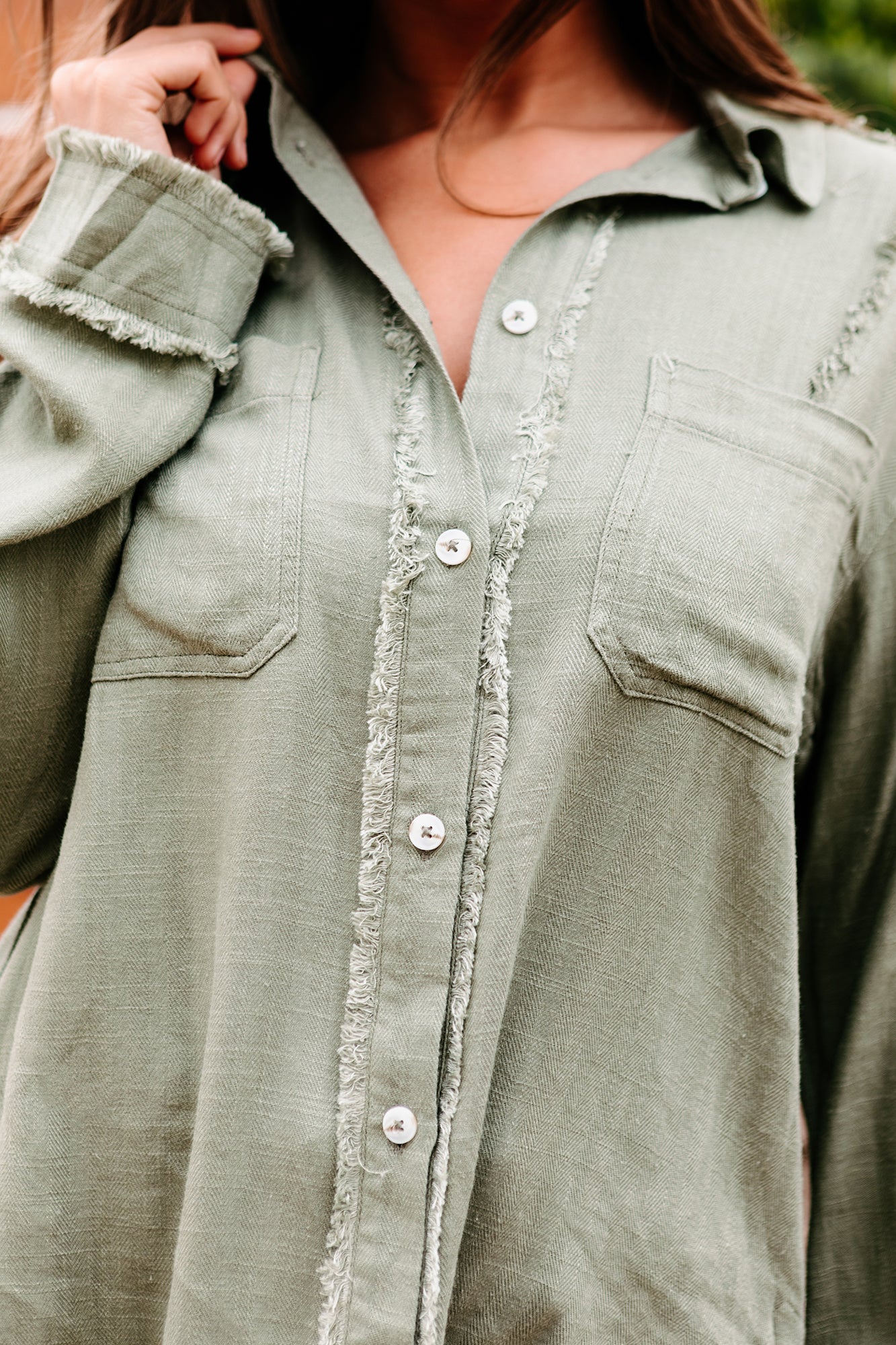 Add An Edge Raw Hem Button Down Tunic Top (Light Olive)-The Formal Wear