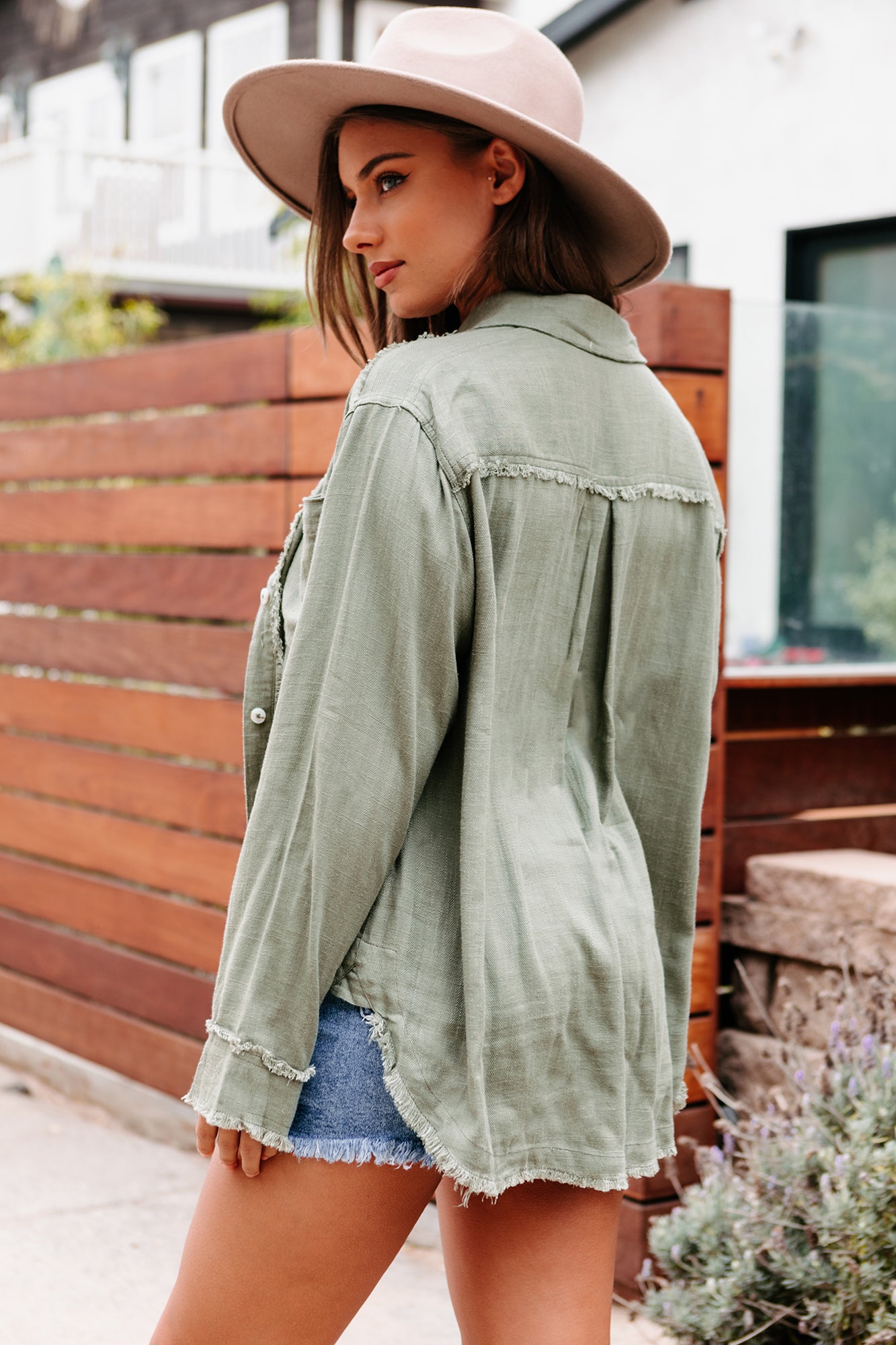 Add An Edge Raw Hem Button Down Tunic Top (Light Olive)-The Formal Wear