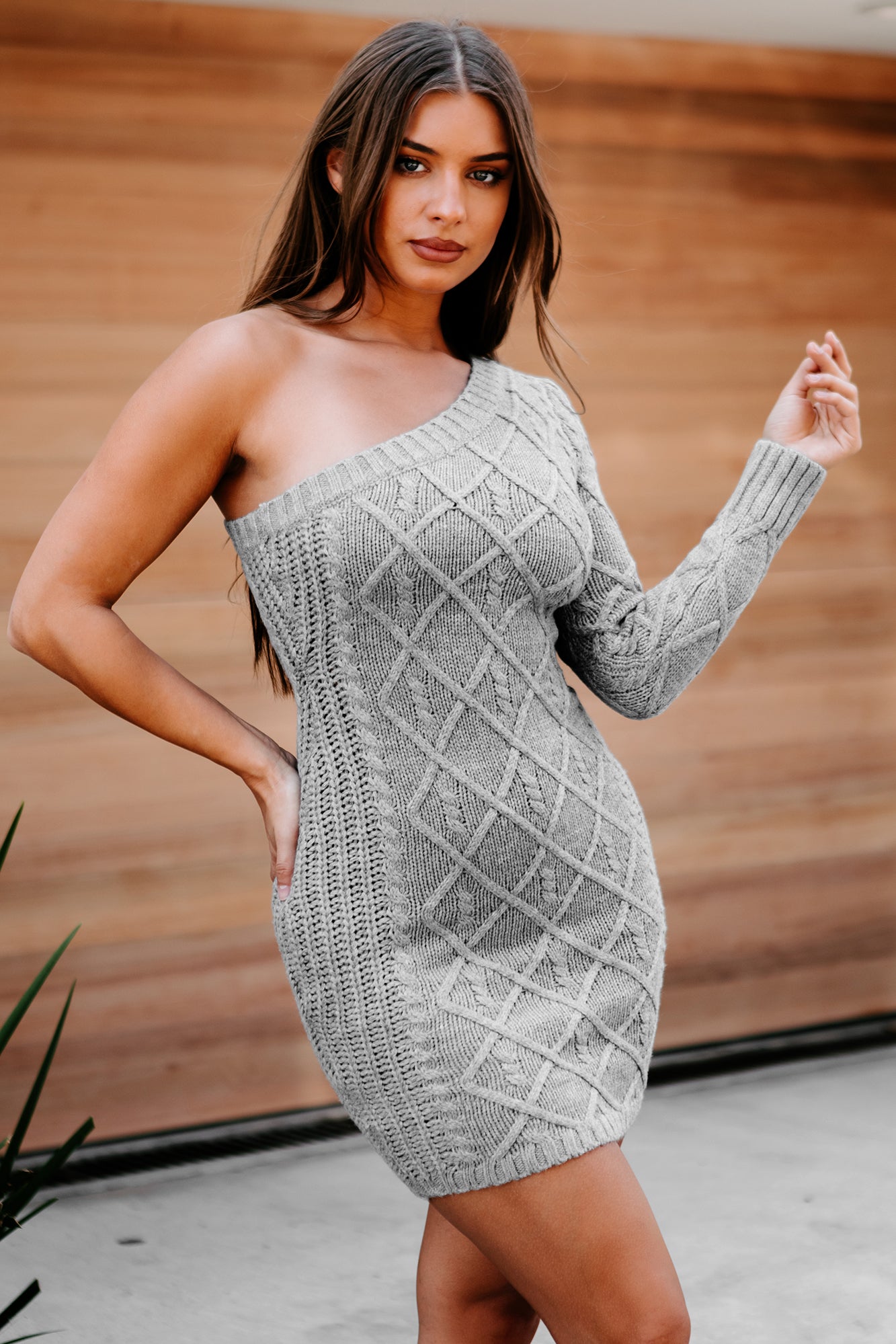 Rochelle Cable Knit One-Sleeve Sweater Dress (Grey)-The Formal Wear