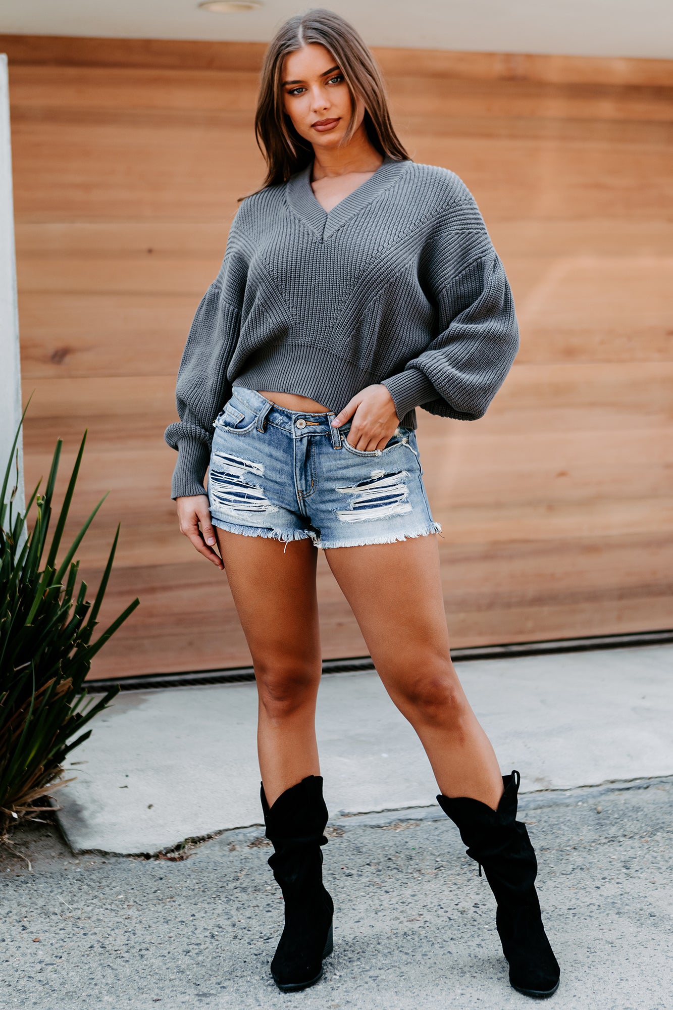 Cait V-Neck Slouchy Sweater (Charcoal Grey)-The Formal Wear