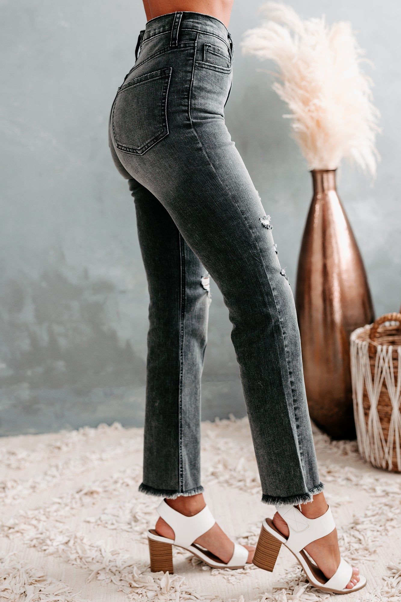 Reece Sneak Peek High Rise Distressed Straight Leg Jeans (Black Wash)-The Formal Wear