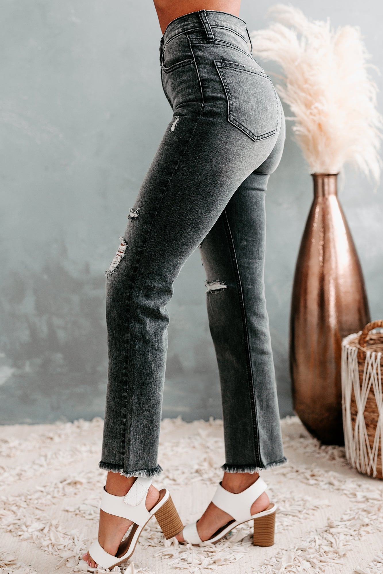 Reece Sneak Peek High Rise Distressed Straight Leg Jeans (Black Wash)-The Formal Wear