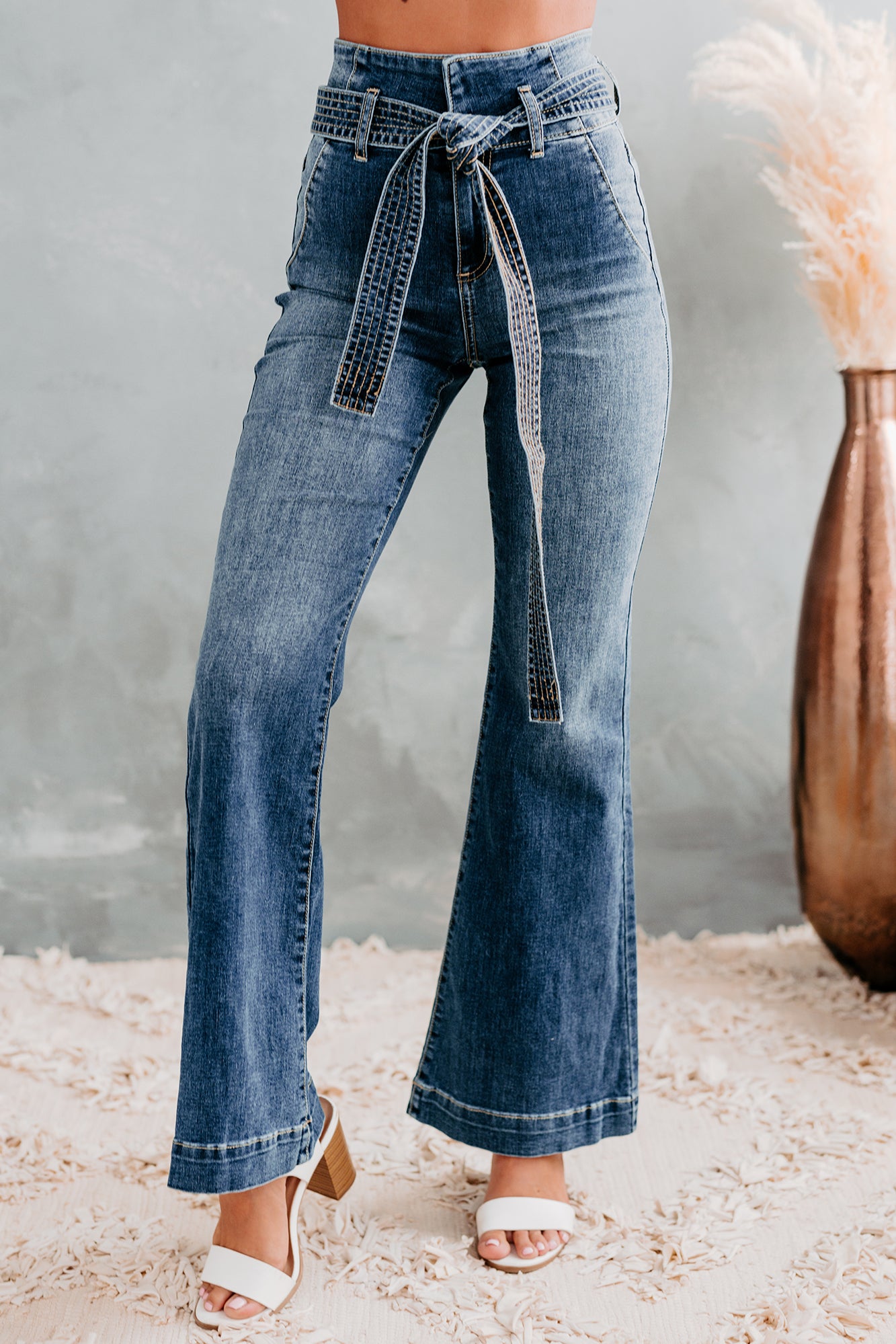 Meet & Greet Sneak Peek High Rise Belted Flare Jeans (Medium Dark)-The Formal Wear