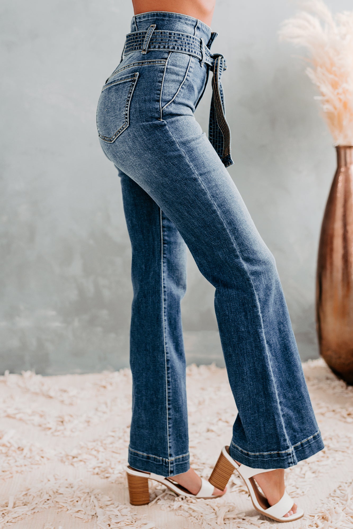 Meet & Greet Sneak Peek High Rise Belted Flare Jeans (Medium Dark)-The Formal Wear