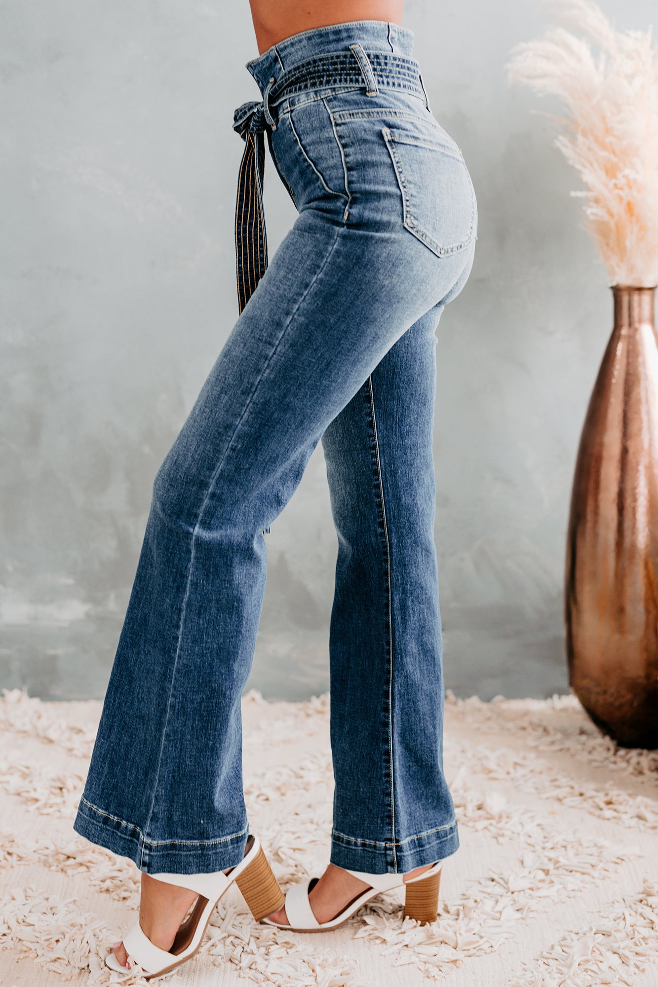 Meet & Greet Sneak Peek High Rise Belted Flare Jeans (Medium Dark)-The Formal Wear