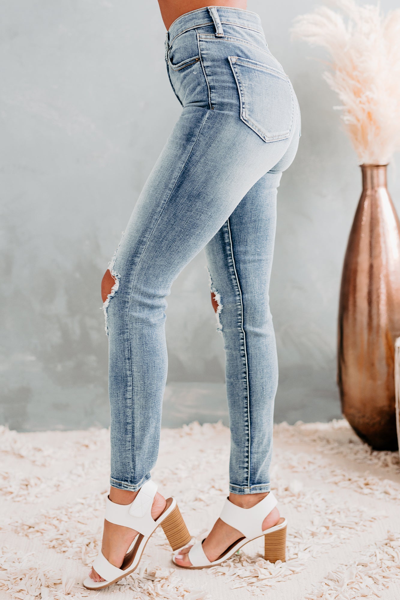 My Only Choice Sneak Peek High Rise Rip Knee Skinny Jeans (Medium Light)-The Formal Wear