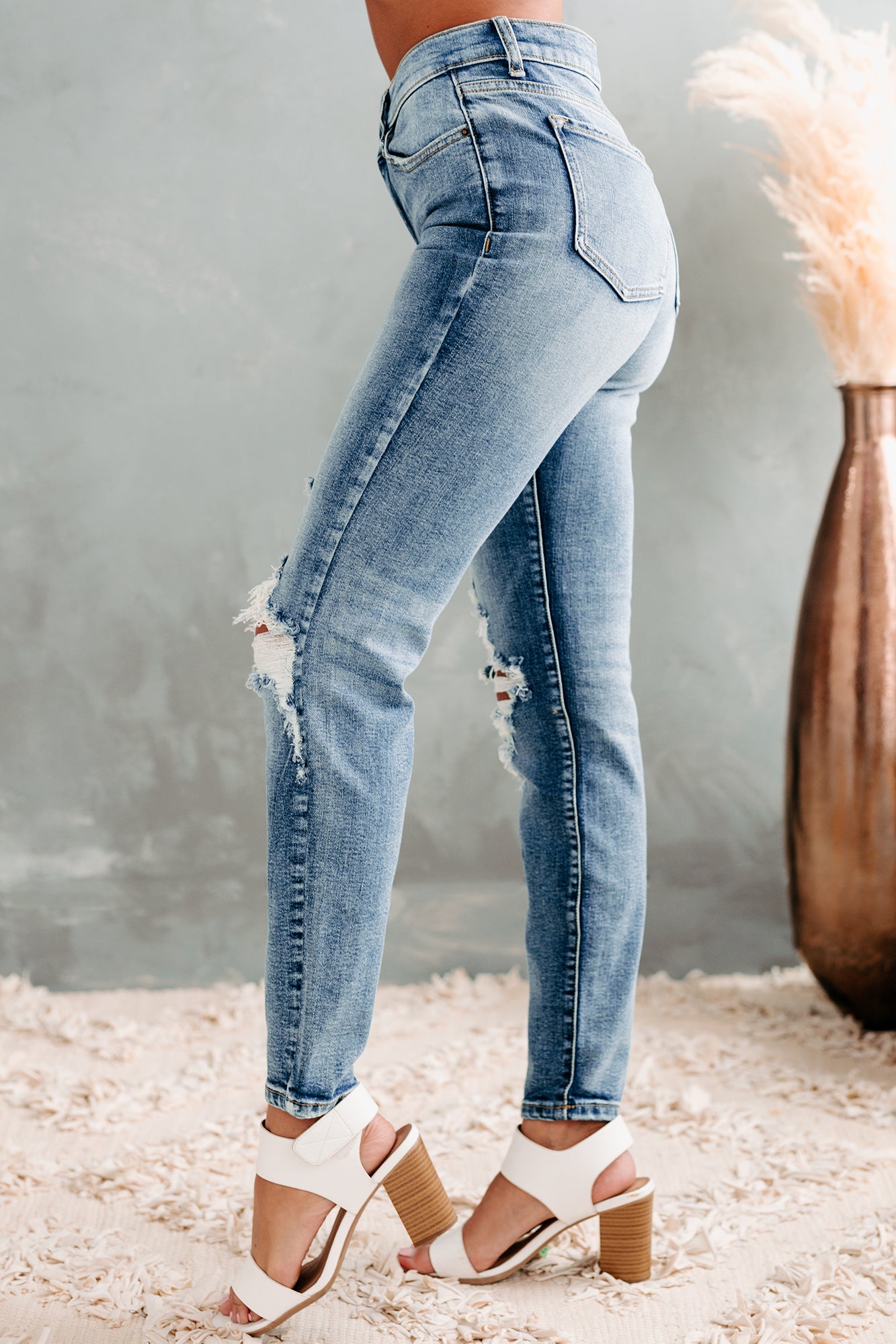 Breanna Distressed Mid Rise Sneak Peek Jeans (Medium Dark)-The Formal Wear