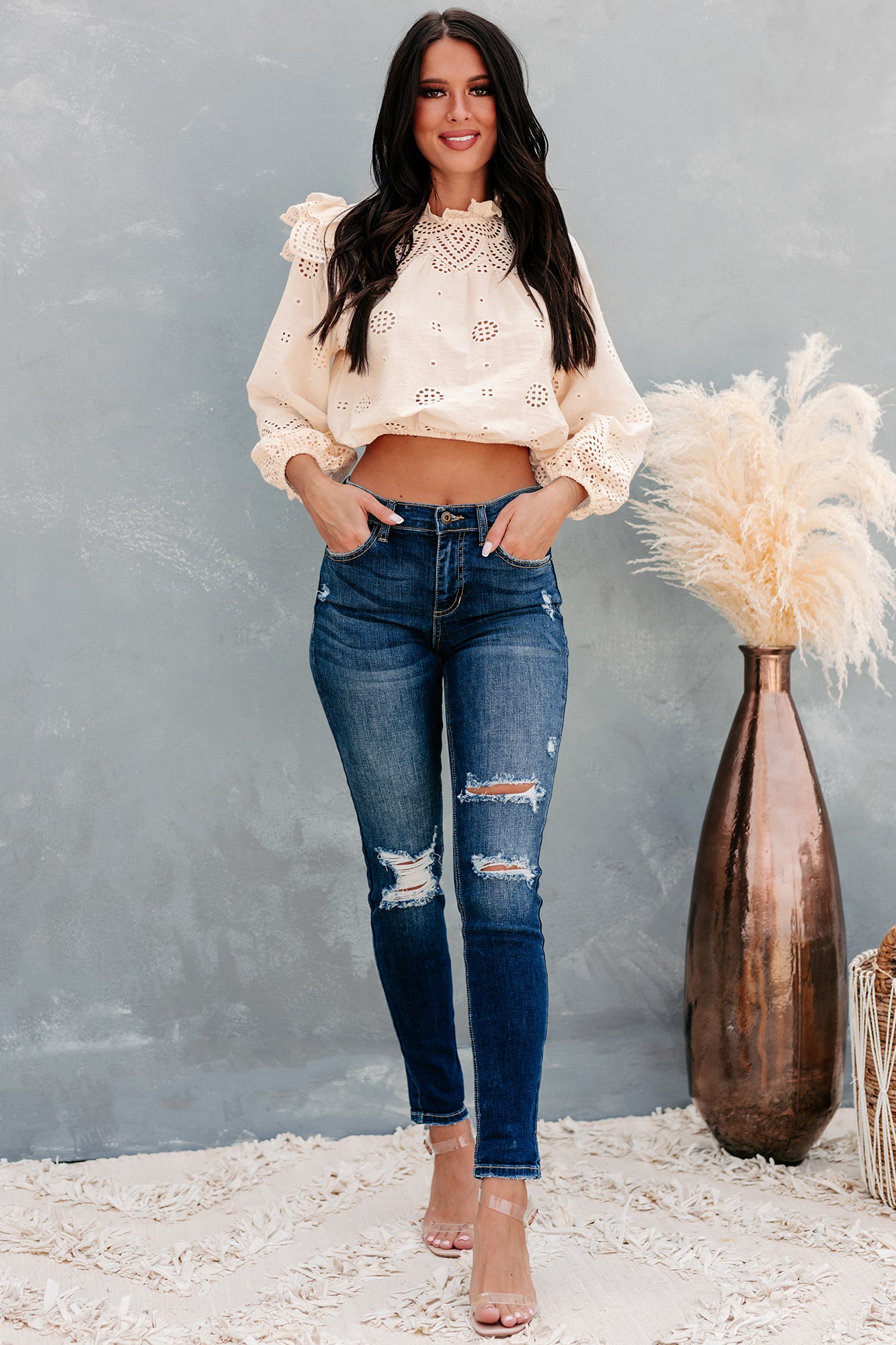 Monet Mock Neck Crochet Crop Top (Cream)-The Formal Wear