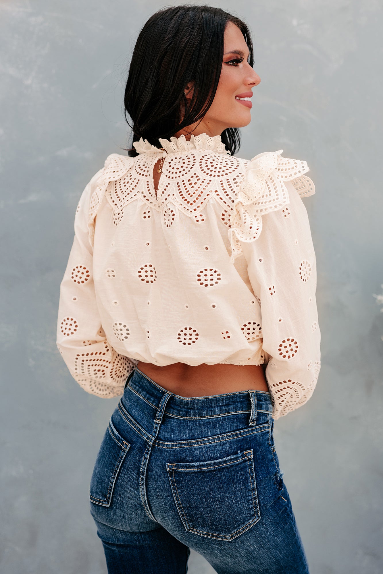 Monet Mock Neck Crochet Crop Top (Cream)-The Formal Wear