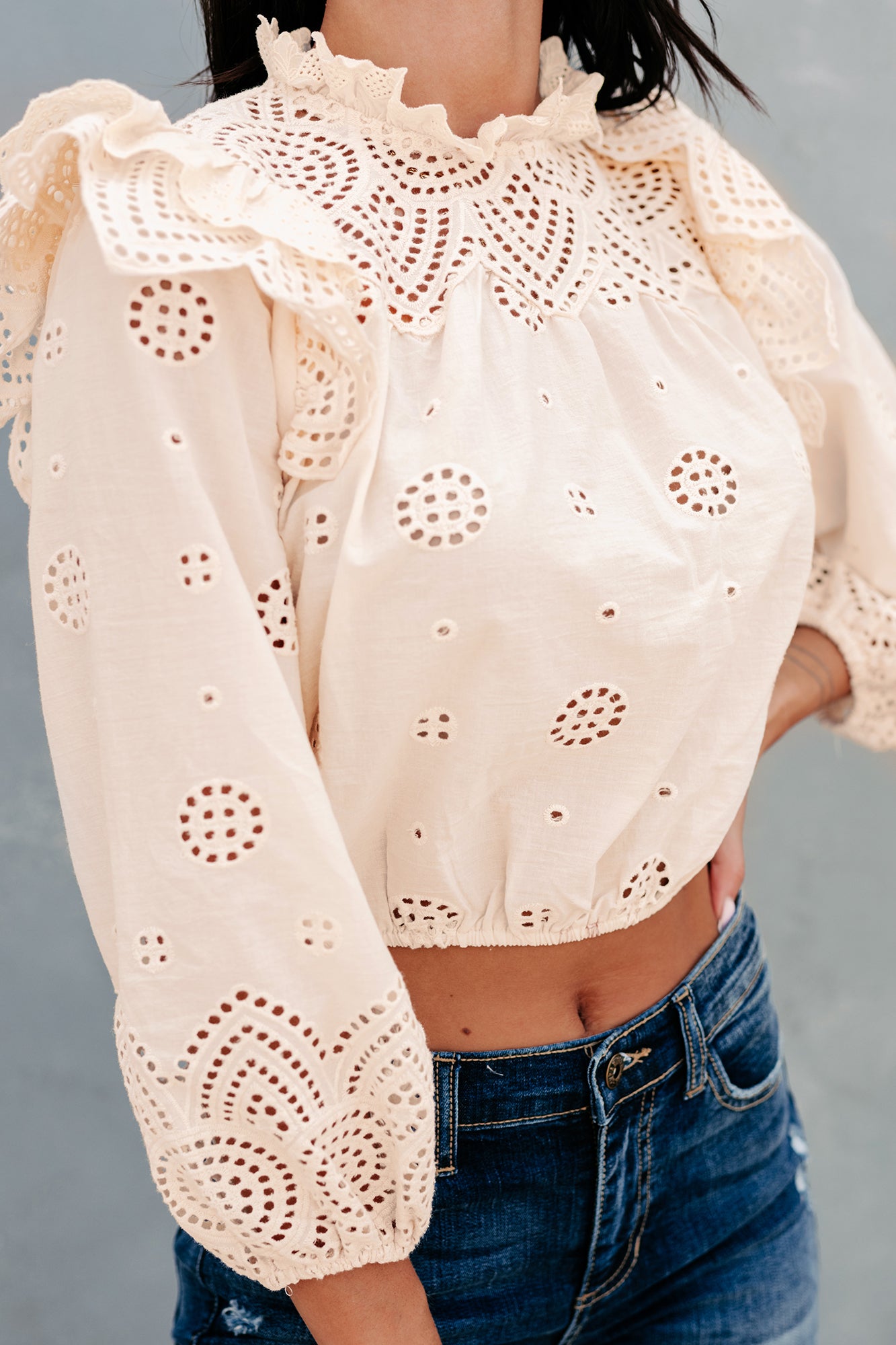 Monet Mock Neck Crochet Crop Top (Cream)-The Formal Wear