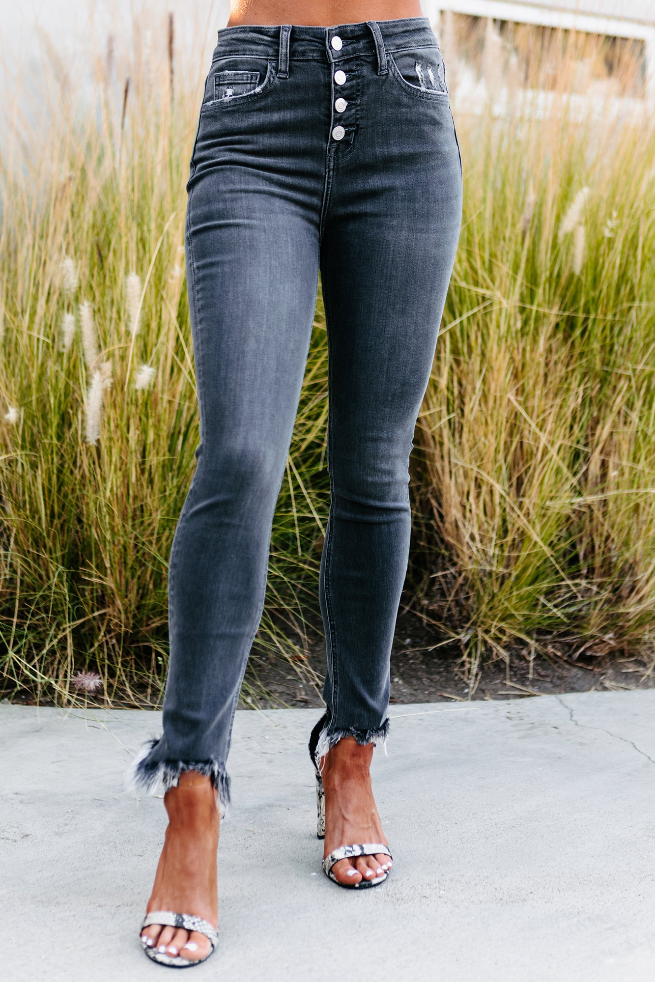 Desdemona Flying Monkey High Rise Button-Fly Cropped Skinny Jeans (Grey)-The Formal Wear