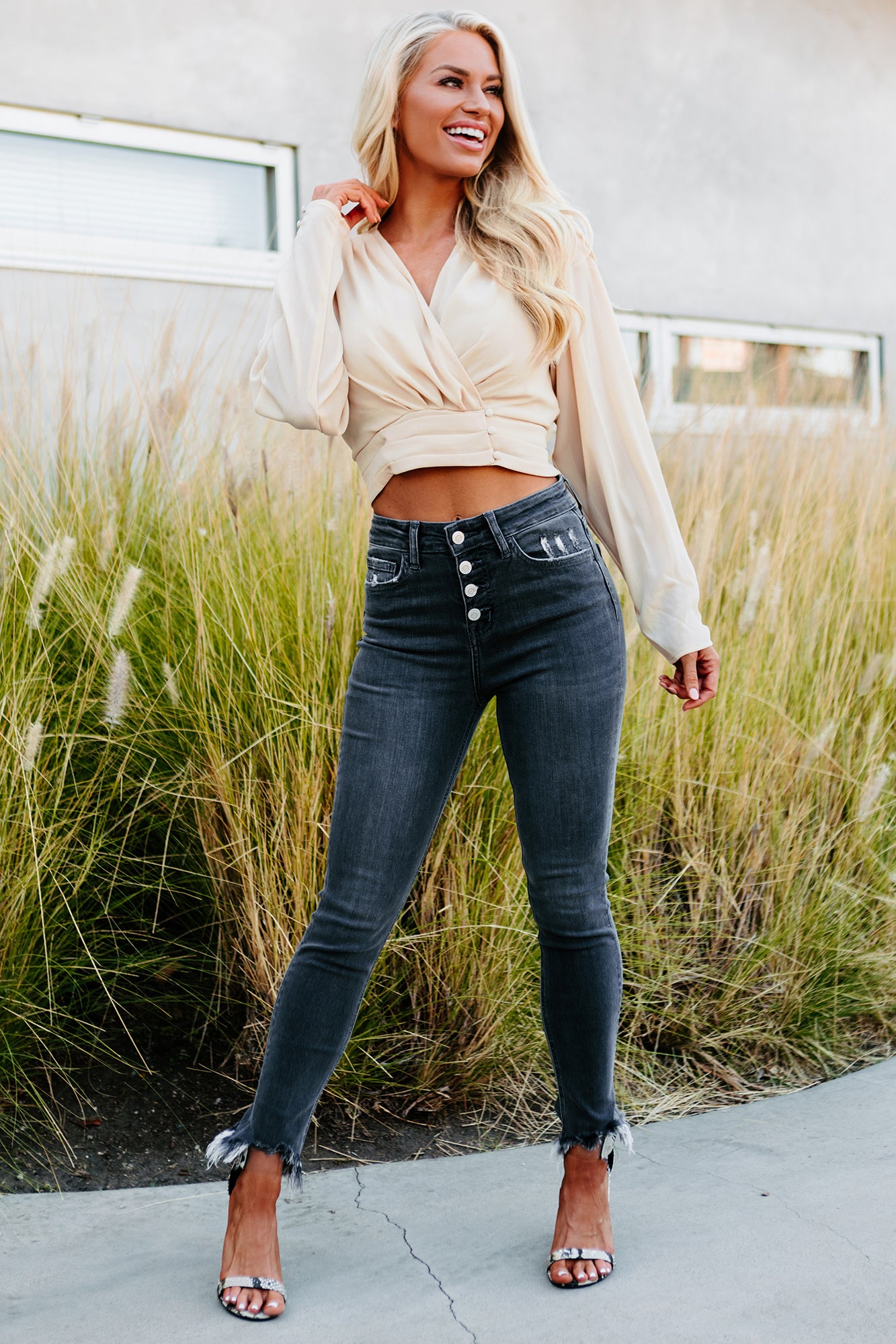 Desdemona Flying Monkey High Rise Button-Fly Cropped Skinny Jeans (Grey)-The Formal Wear