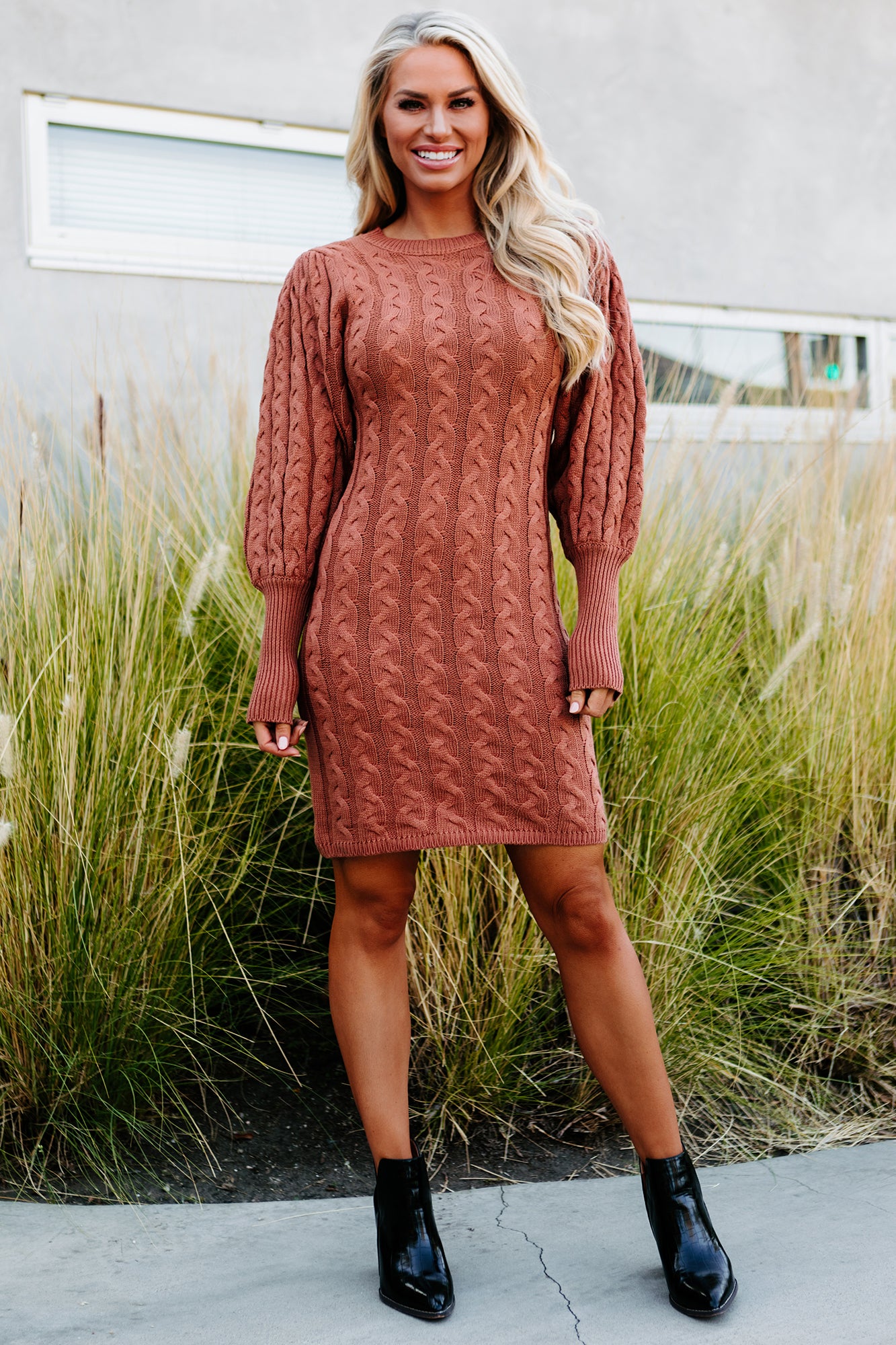 Nobody's Business Puff Sleeved Cable Knit Sweater Dress (Sienna)-The Formal Wear