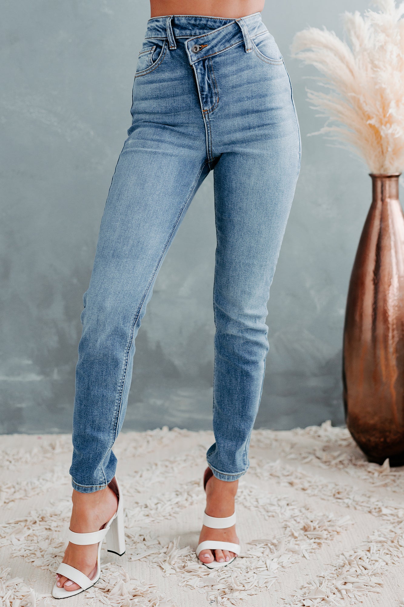 Topanga Sneak Peek 90's High Rise Cross-Fly Skinny Jeans (Medium Light)-The Formal Wear