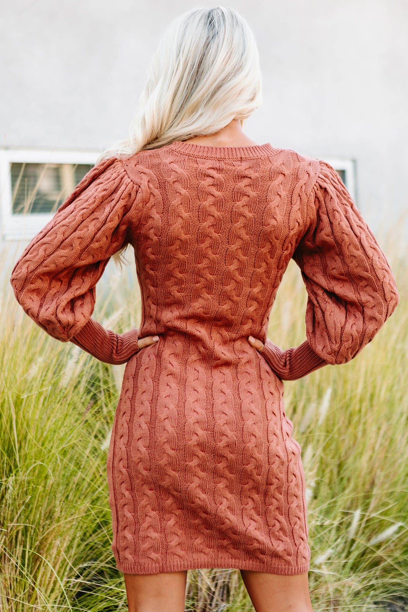 Nobody's Business Puff Sleeved Cable Knit Sweater Dress (Sienna)-The Formal Wear