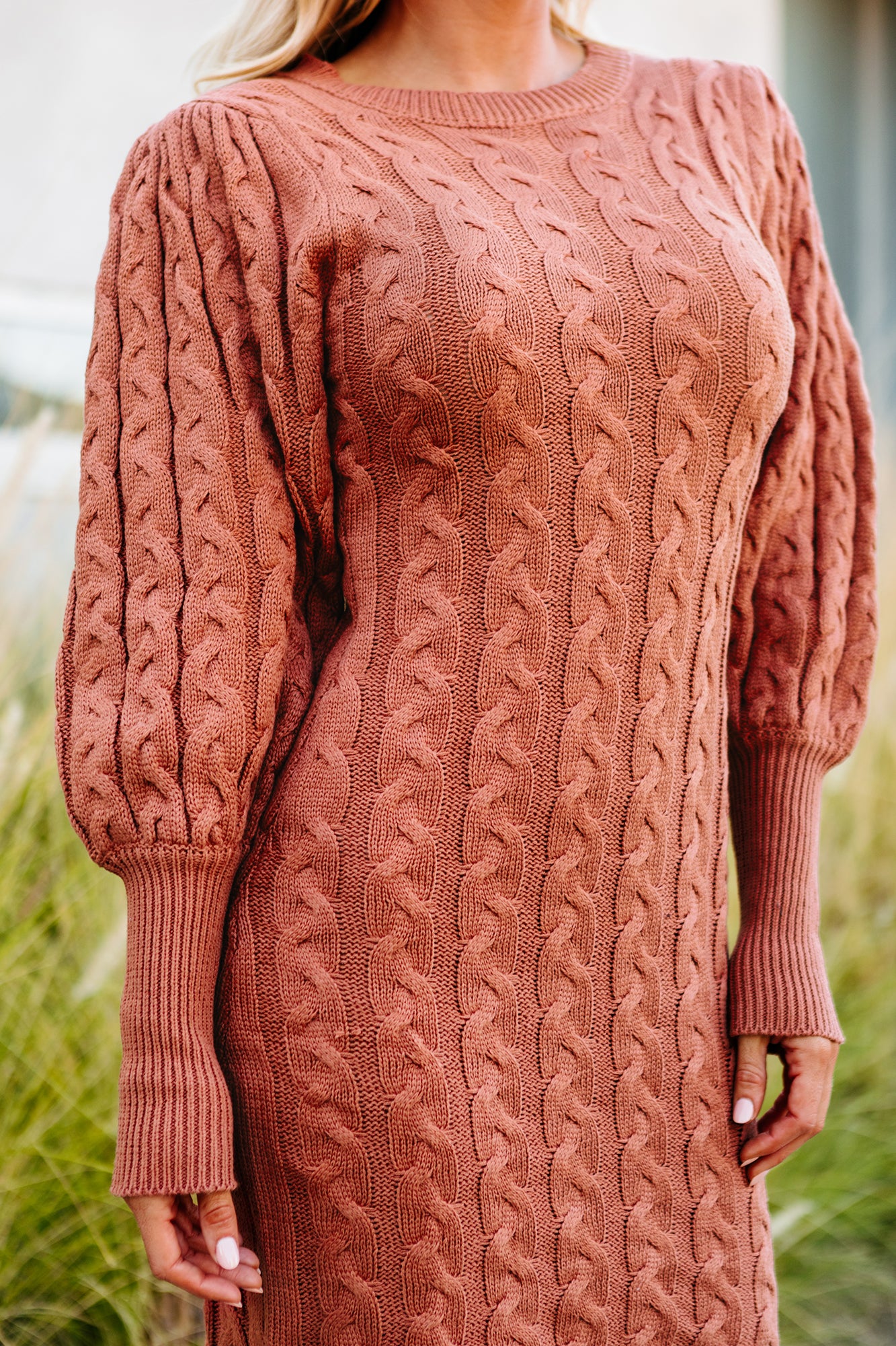 Nobody's Business Puff Sleeved Cable Knit Sweater Dress (Sienna)-The Formal Wear