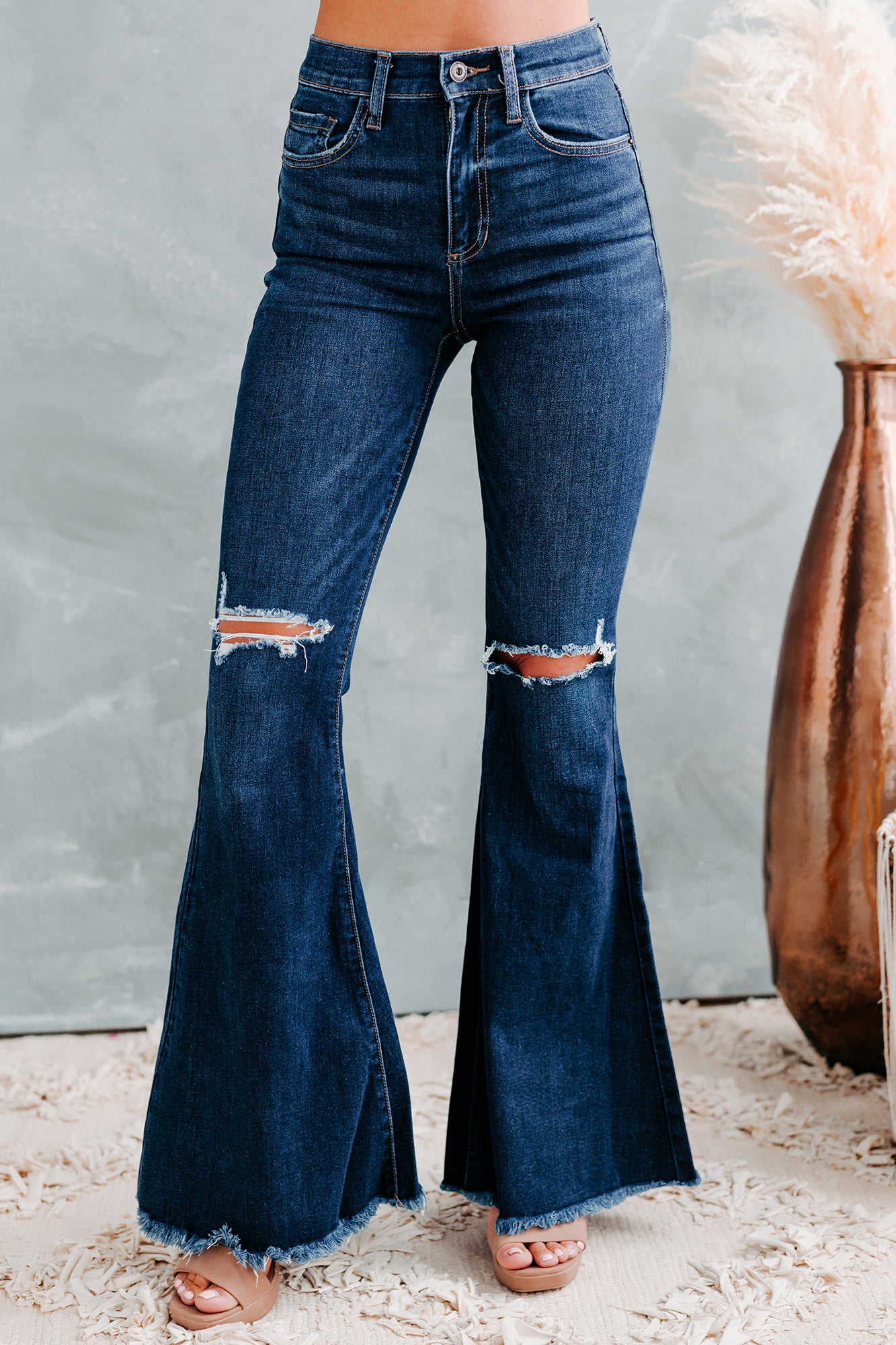 Trail Ride Sneak Peek High Rise Distressed Flare Jeans (Dark)-The Formal Wear
