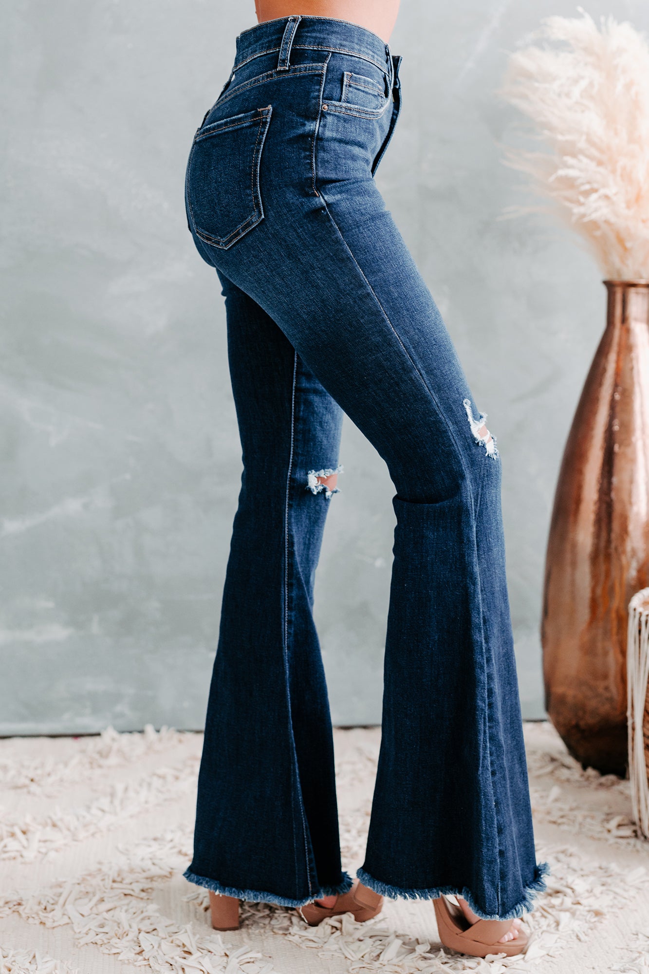 Trail Ride Sneak Peek High Rise Distressed Flare Jeans (Dark)-The Formal Wear