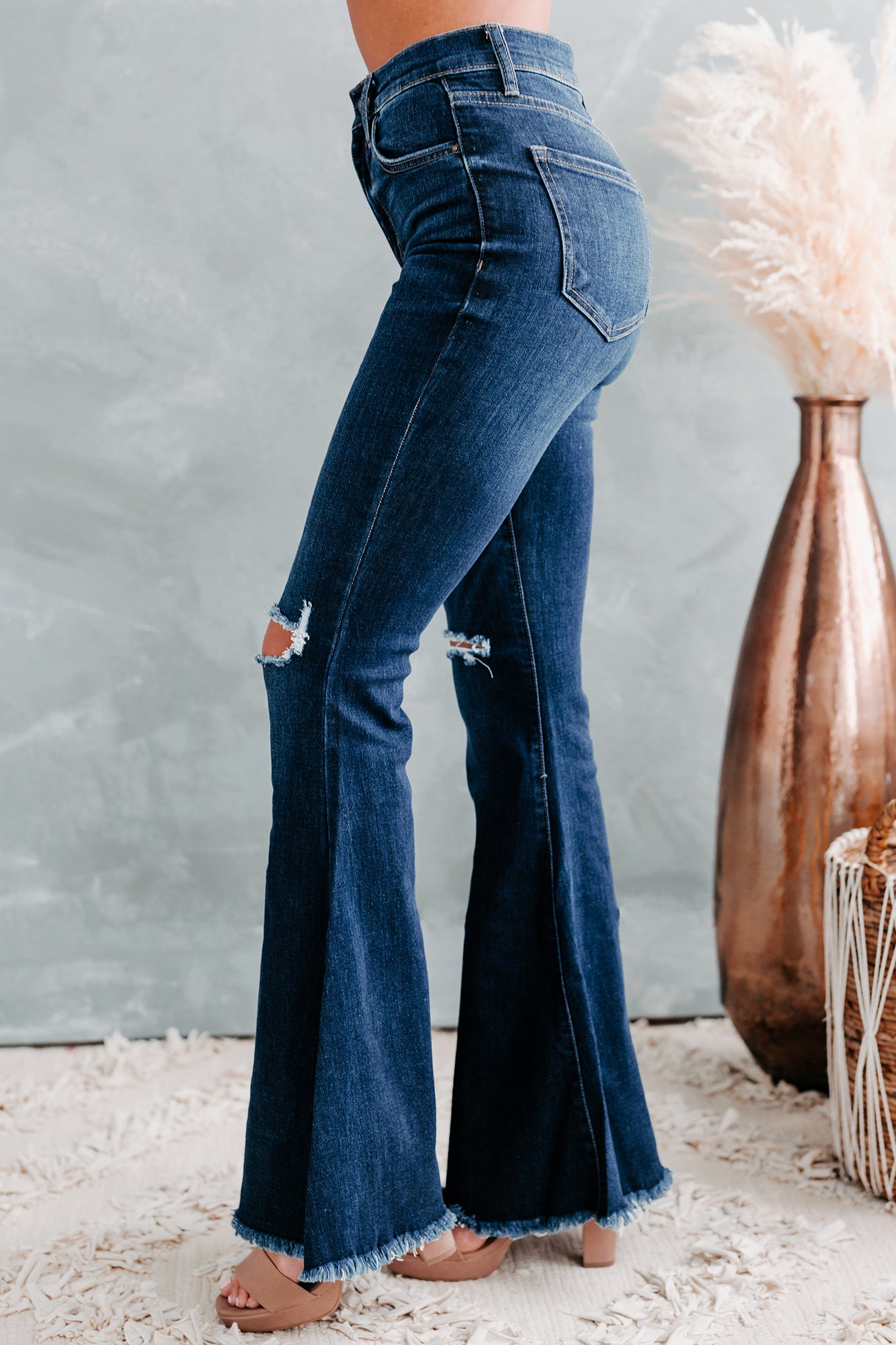 Trail Ride Sneak Peek High Rise Distressed Flare Jeans (Dark)-The Formal Wear