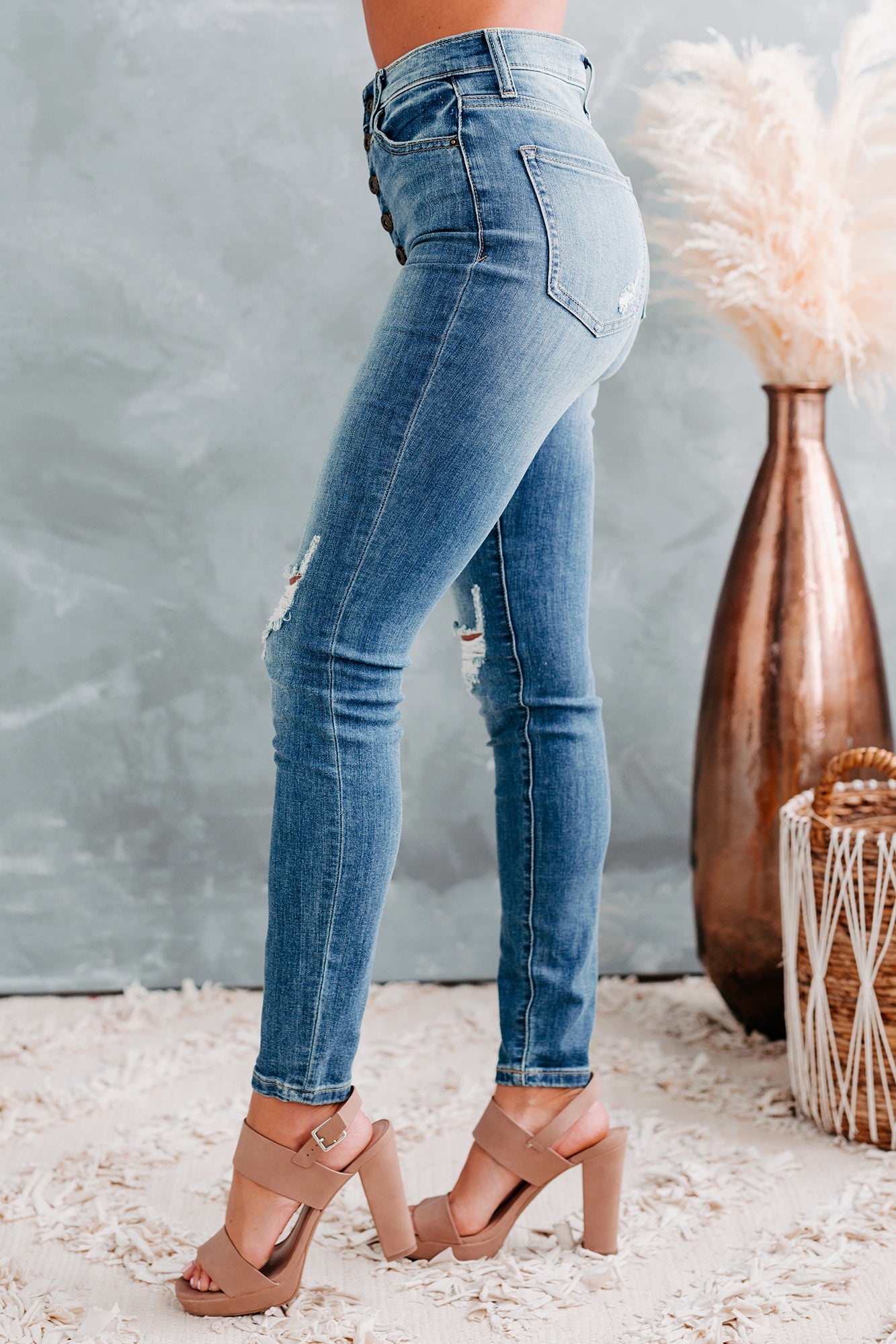 At Some Point Sneak Peek High-Rise 5-Button Distressed Skinny Jeans (Medium Light)-The Formal Wear