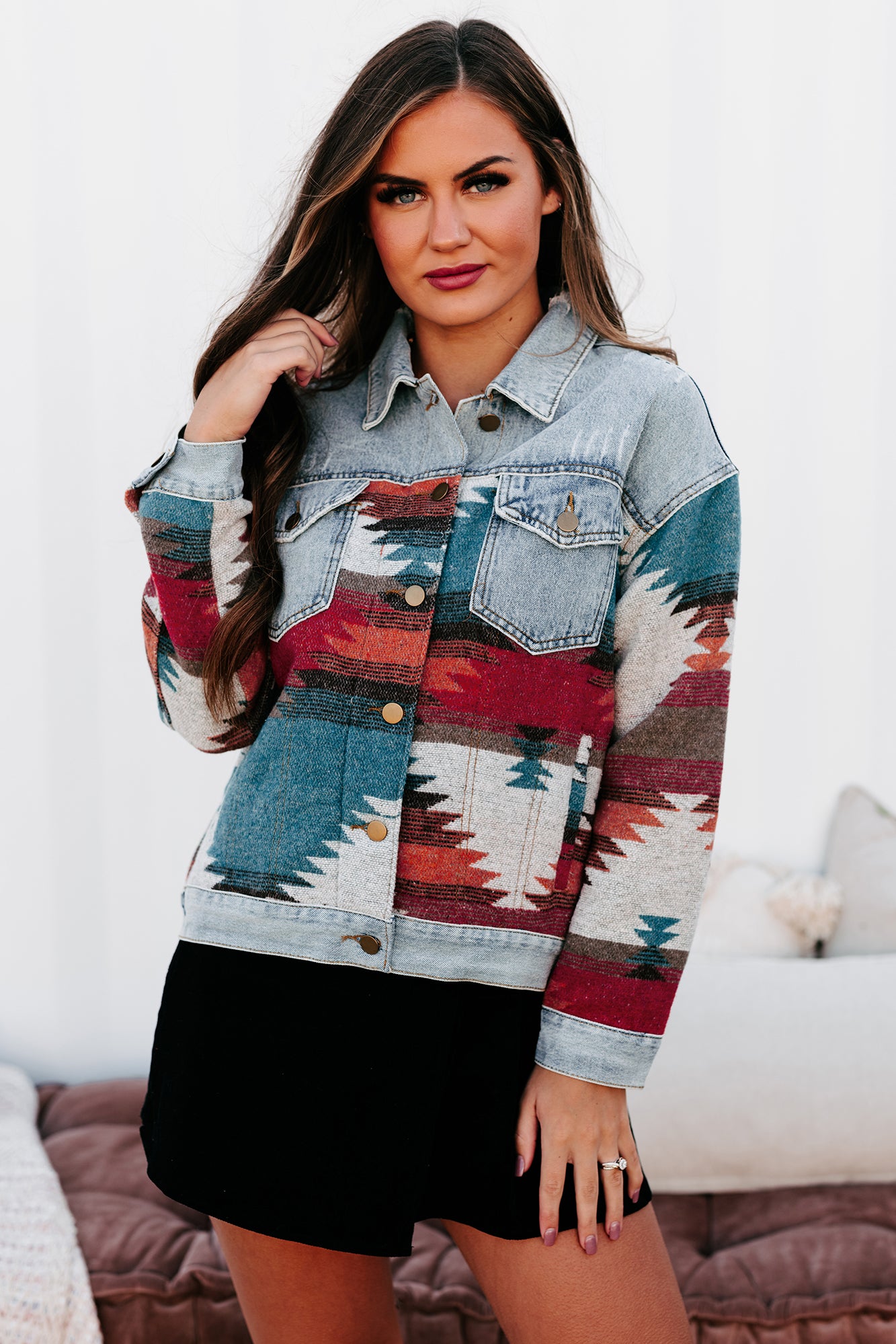 Canyon Views Denim/Aztec Print Jacket (Denim)-The Formal Wear