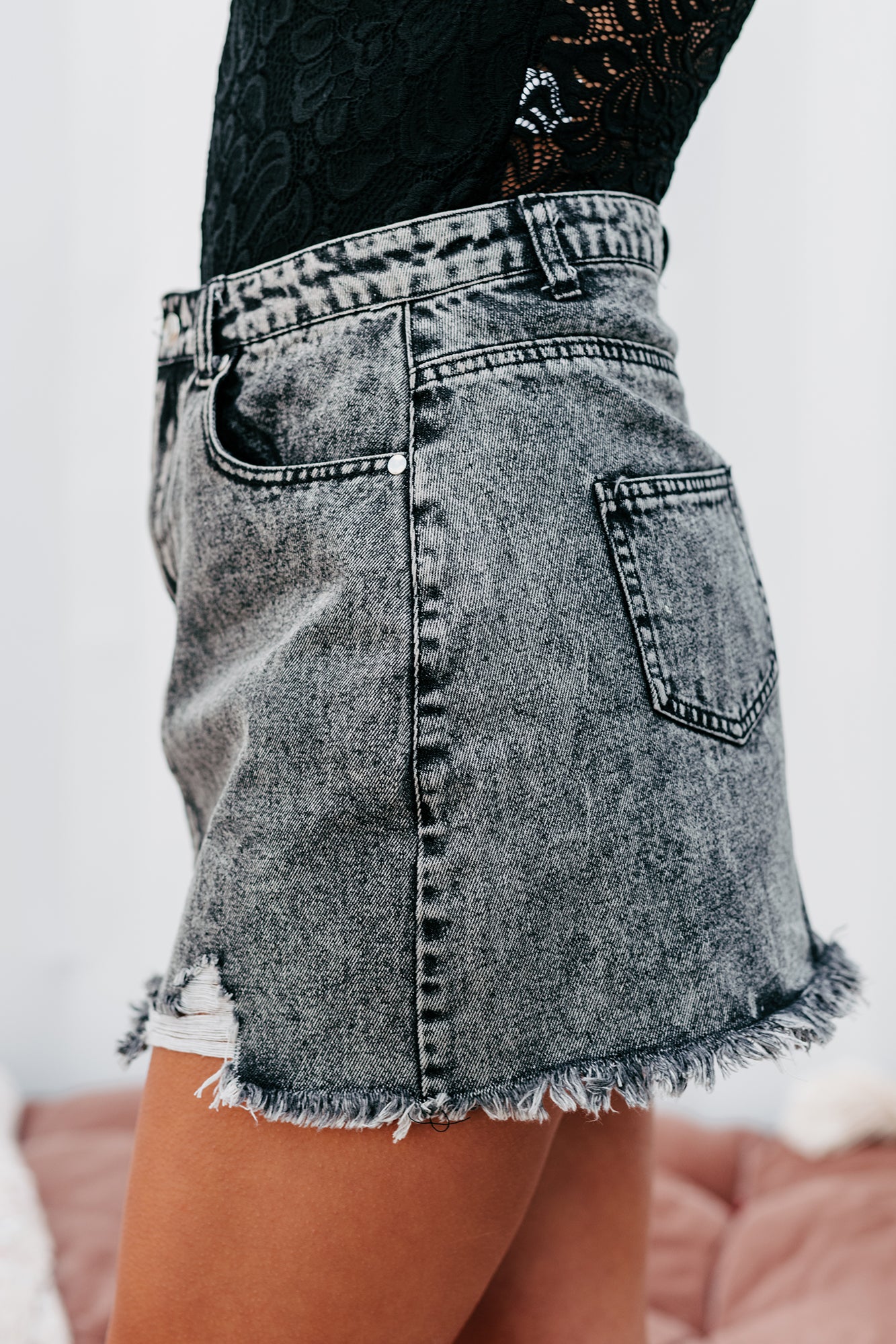 Shadow Of A Doubt Distressed Denim Mini Skirt (Black)-The Formal Wear
