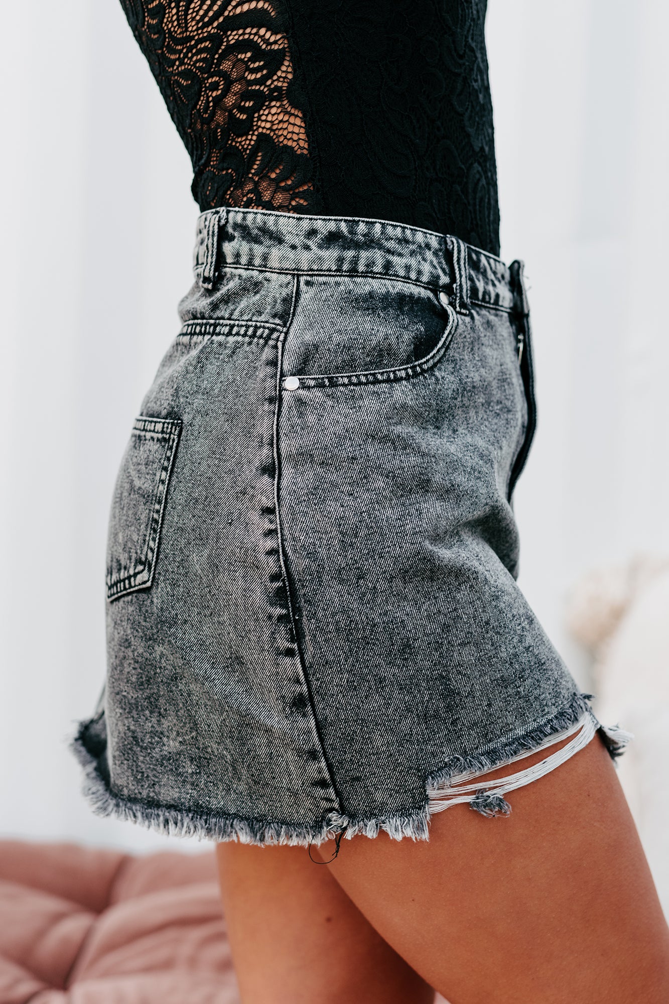 Shadow Of A Doubt Distressed Denim Mini Skirt (Black)-The Formal Wear