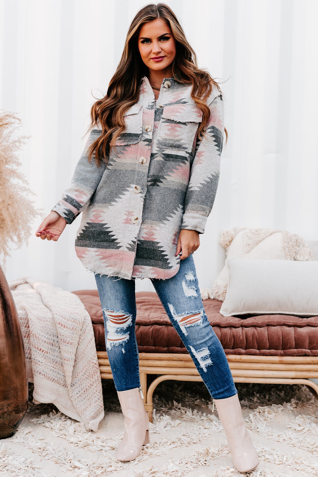 Mojave Moment Long Aztec Print Shacket (Grey)-The Formal Wear