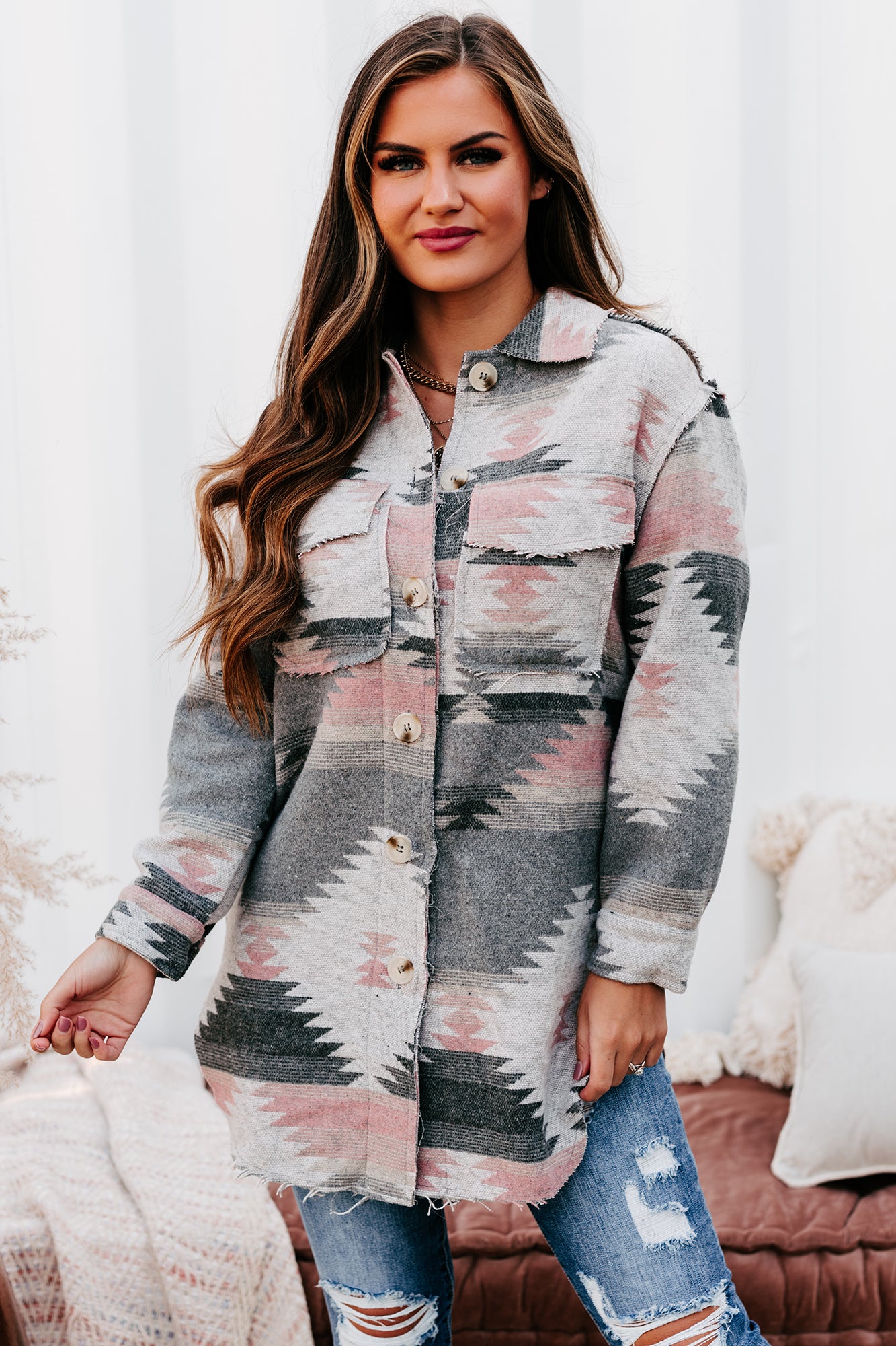 Mojave Moment Long Aztec Print Shacket (Grey)-The Formal Wear