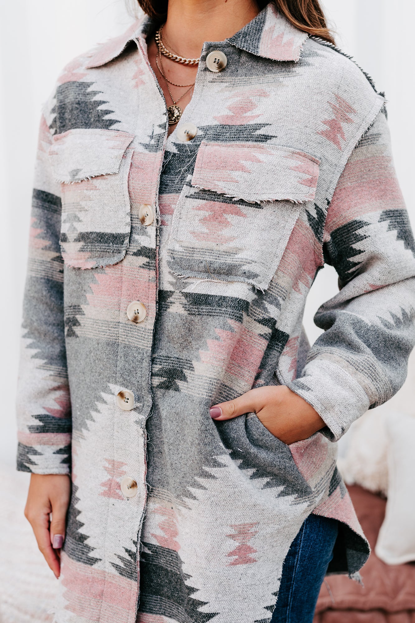 Mojave Moment Long Aztec Print Shacket (Grey)-The Formal Wear