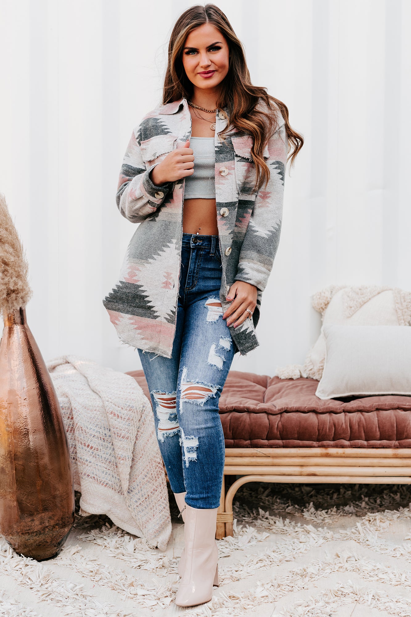 Mojave Moment Long Aztec Print Shacket (Grey)-The Formal Wear