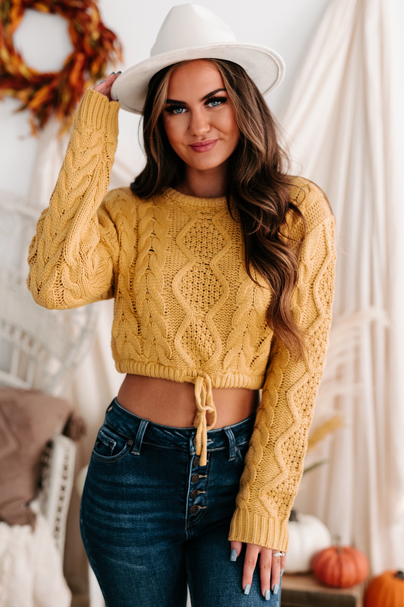 Points To Cozy Drawstring Hem Cropped Cable Knit Sweater (Honey Mustard)-The Formal Wear