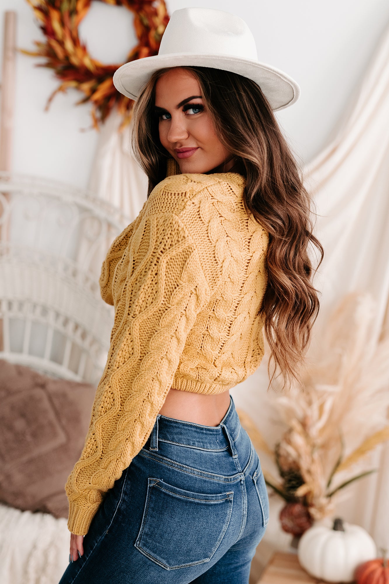 Points To Cozy Drawstring Hem Cropped Cable Knit Sweater (Honey Mustard)-The Formal Wear