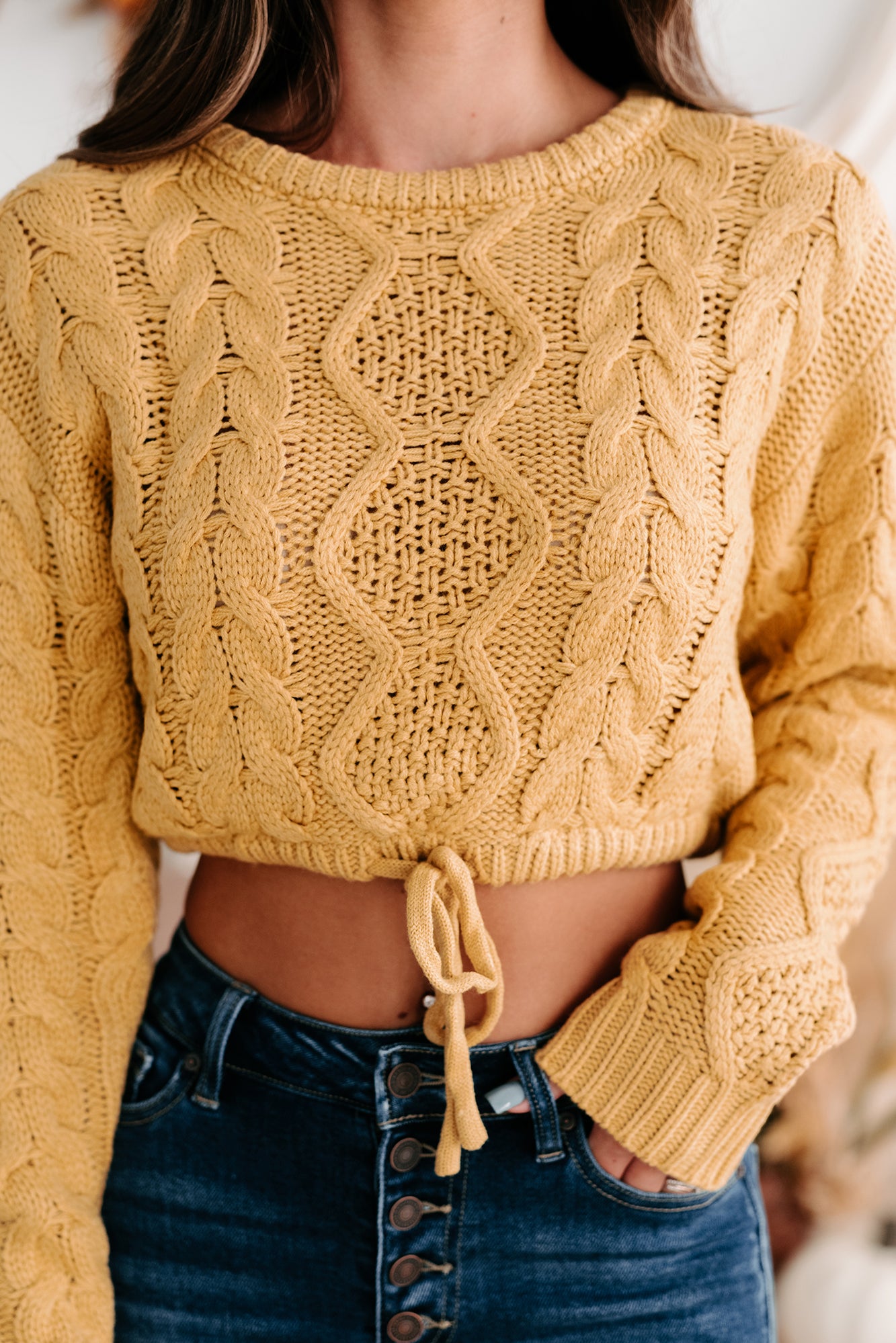 Points To Cozy Drawstring Hem Cropped Cable Knit Sweater (Honey Mustard)-The Formal Wear