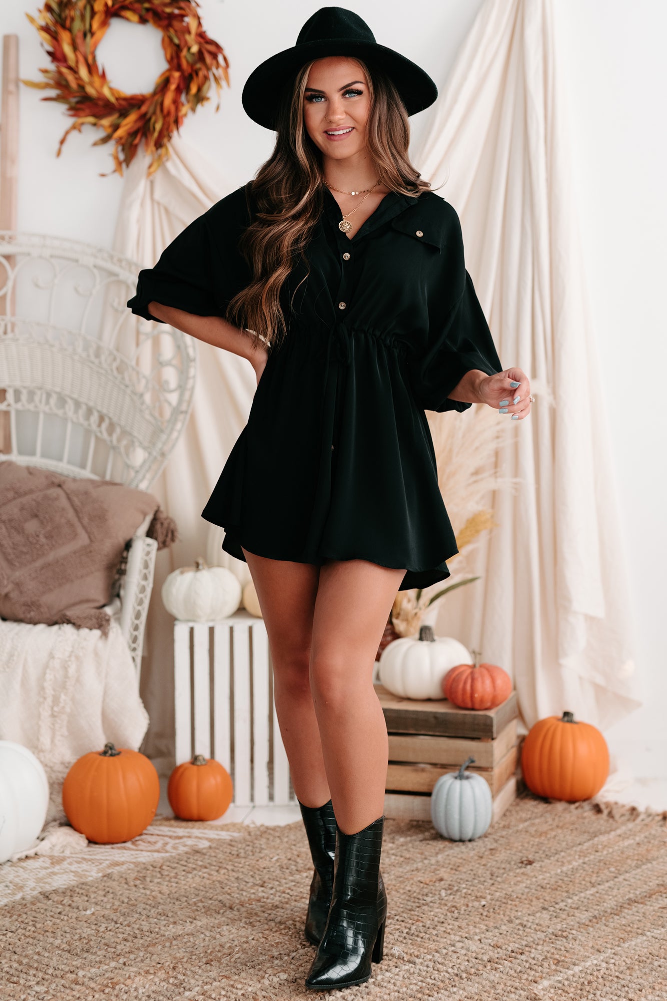 Besotted With You Button-Down Drawstring Waist Mini Dress (Black)-The Formal Wear