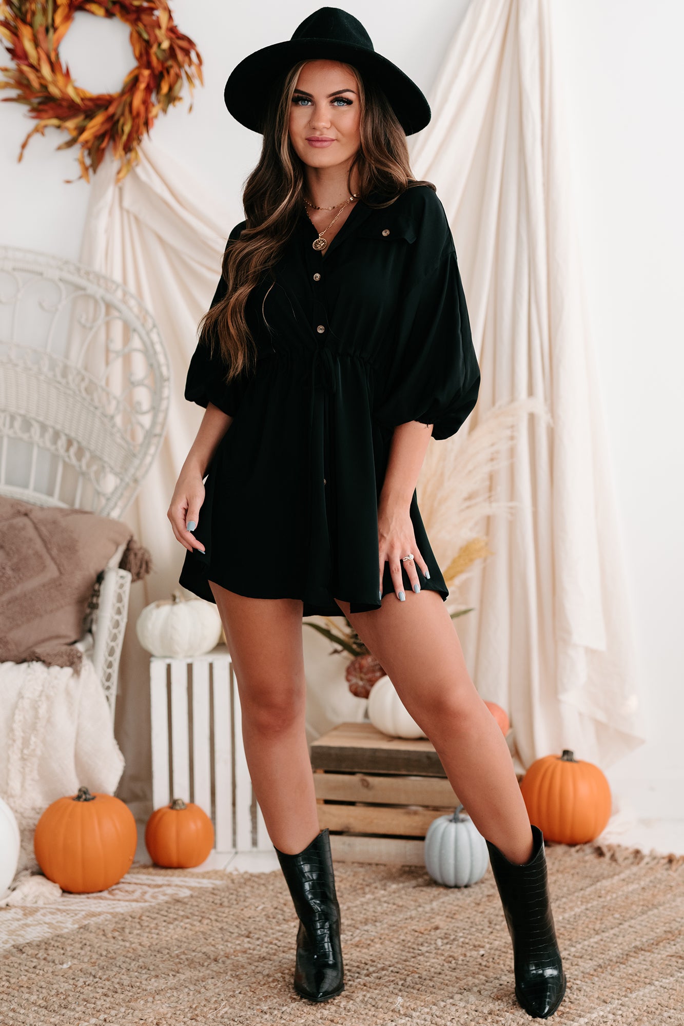 Besotted With You Button-Down Drawstring Waist Mini Dress (Black)-The Formal Wear